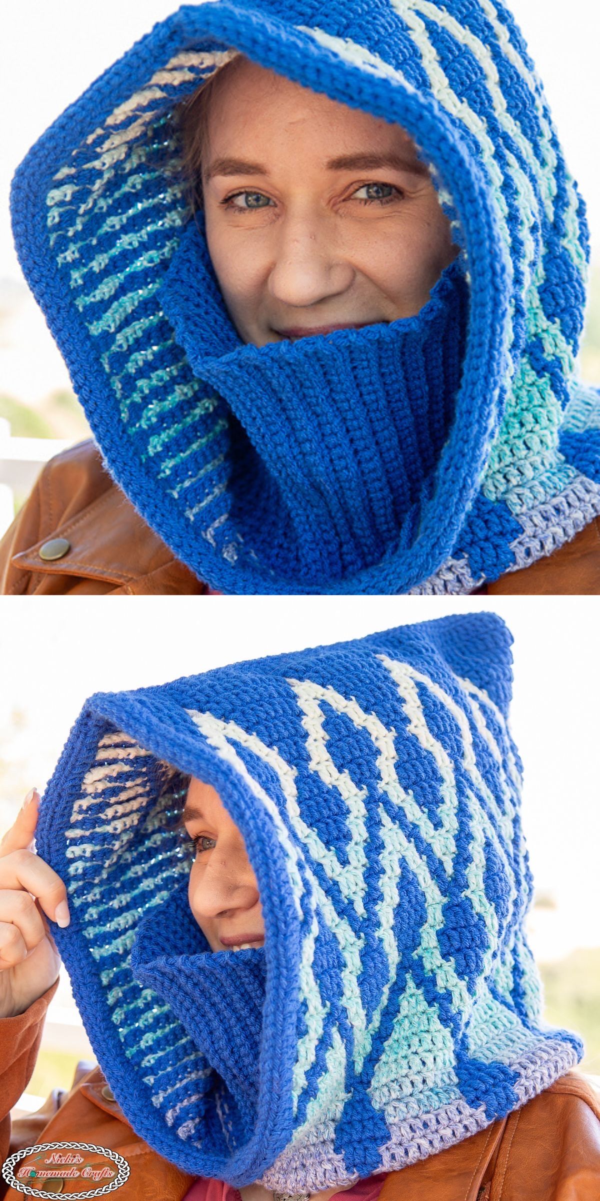 A person wearing a blue and white crochet hooded cowl with a geometric pattern, shown from the front and side.