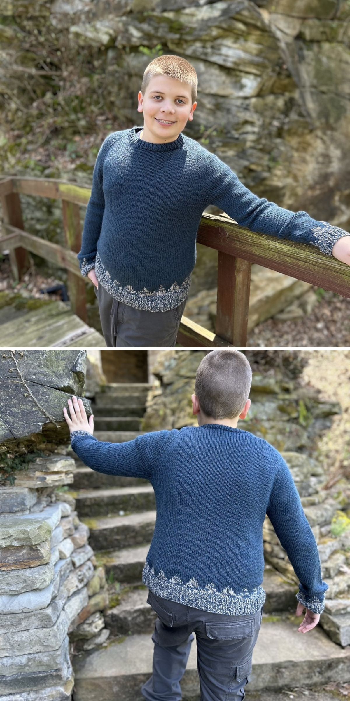 A baby boy sweater in blue with patterned edges is worn by a boy standing outdoors—front view above and back view below, near stone steps and a railing.