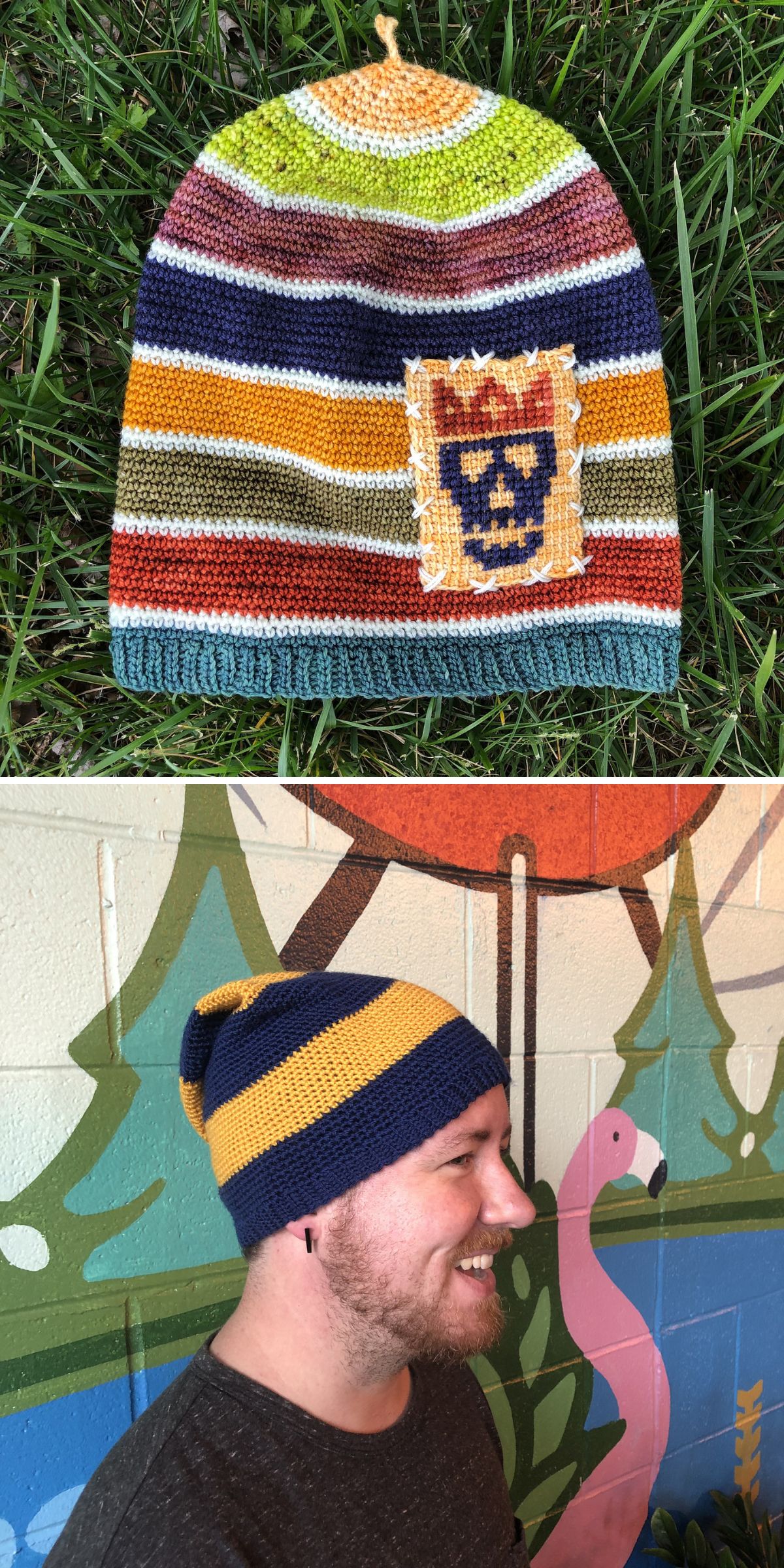 Top: A multicolored crochet hat for men with stripes and a crest, lying on grass. Bottom: A man wearing a blue and yellow striped knit hat, smiling indoors.