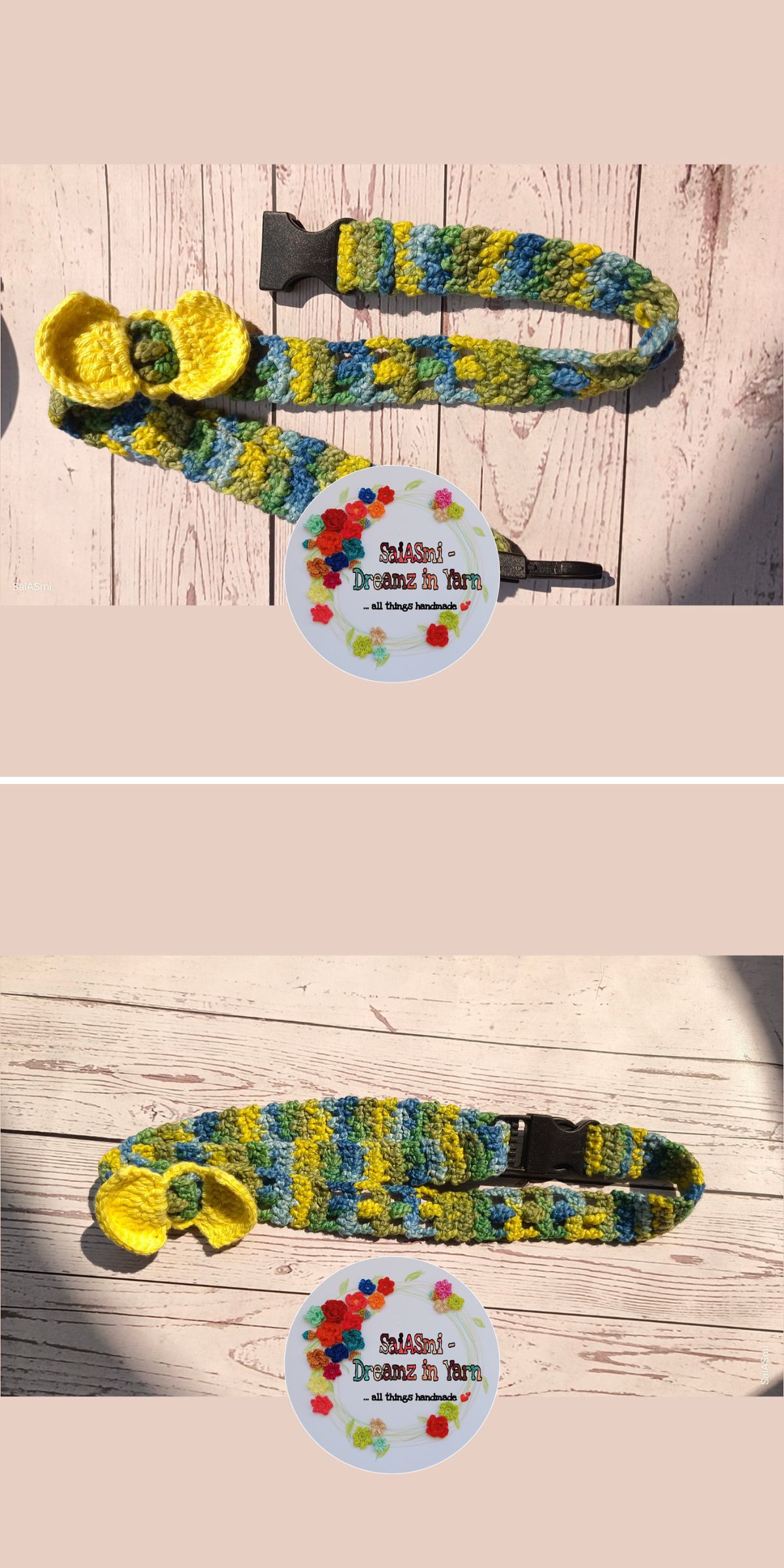 Two photos show a handmade crocheted camera strap with blue, yellow, and green yarn, a yellow flower detail, and a black buckle—perfect for fans of crochet dog accessories—placed next to a round "SaSaDi - Dreams in Yarn" label.
