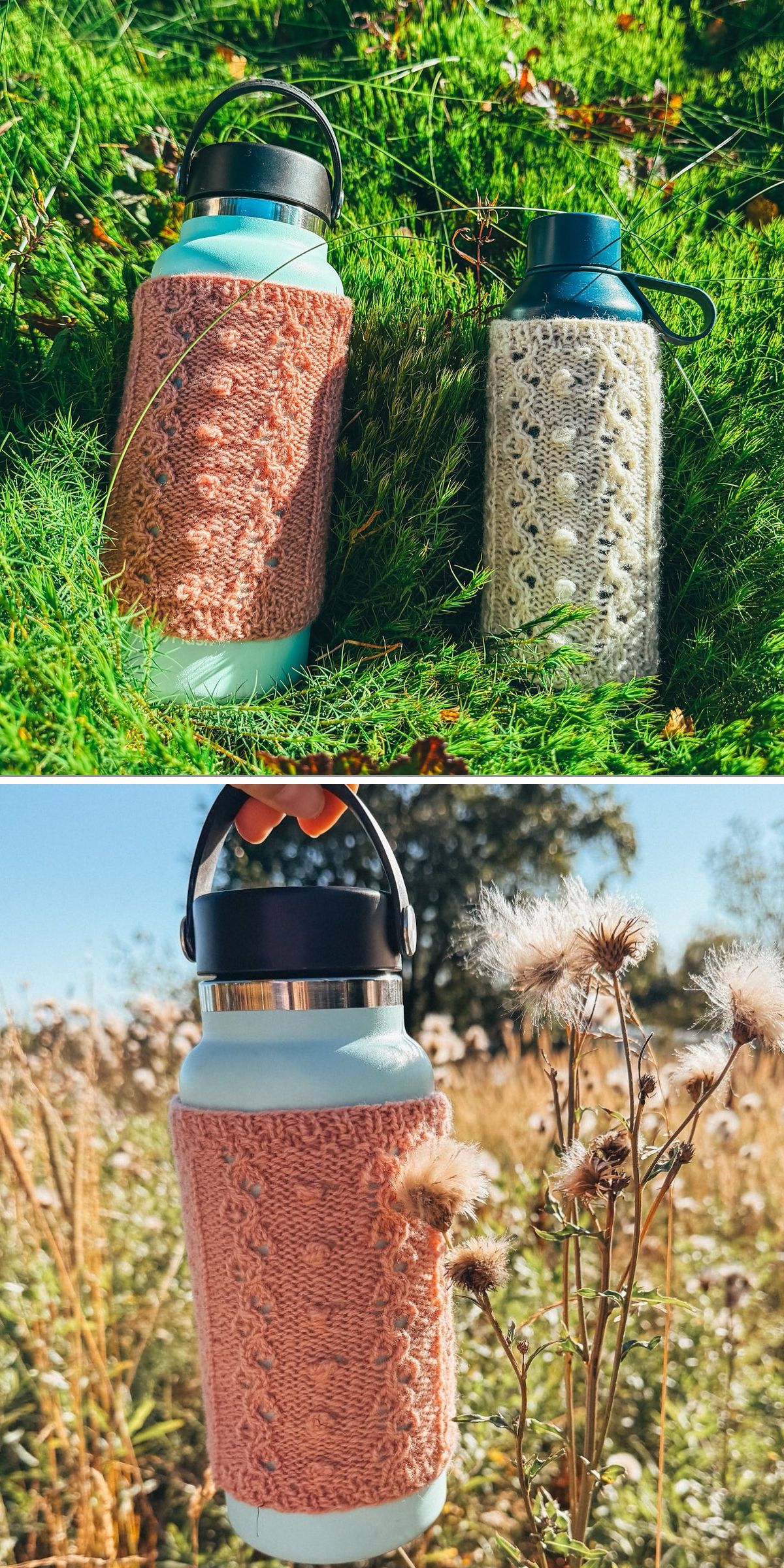 two bottles in a delicate, lacy knit water bottle cozies in pink and beige colors