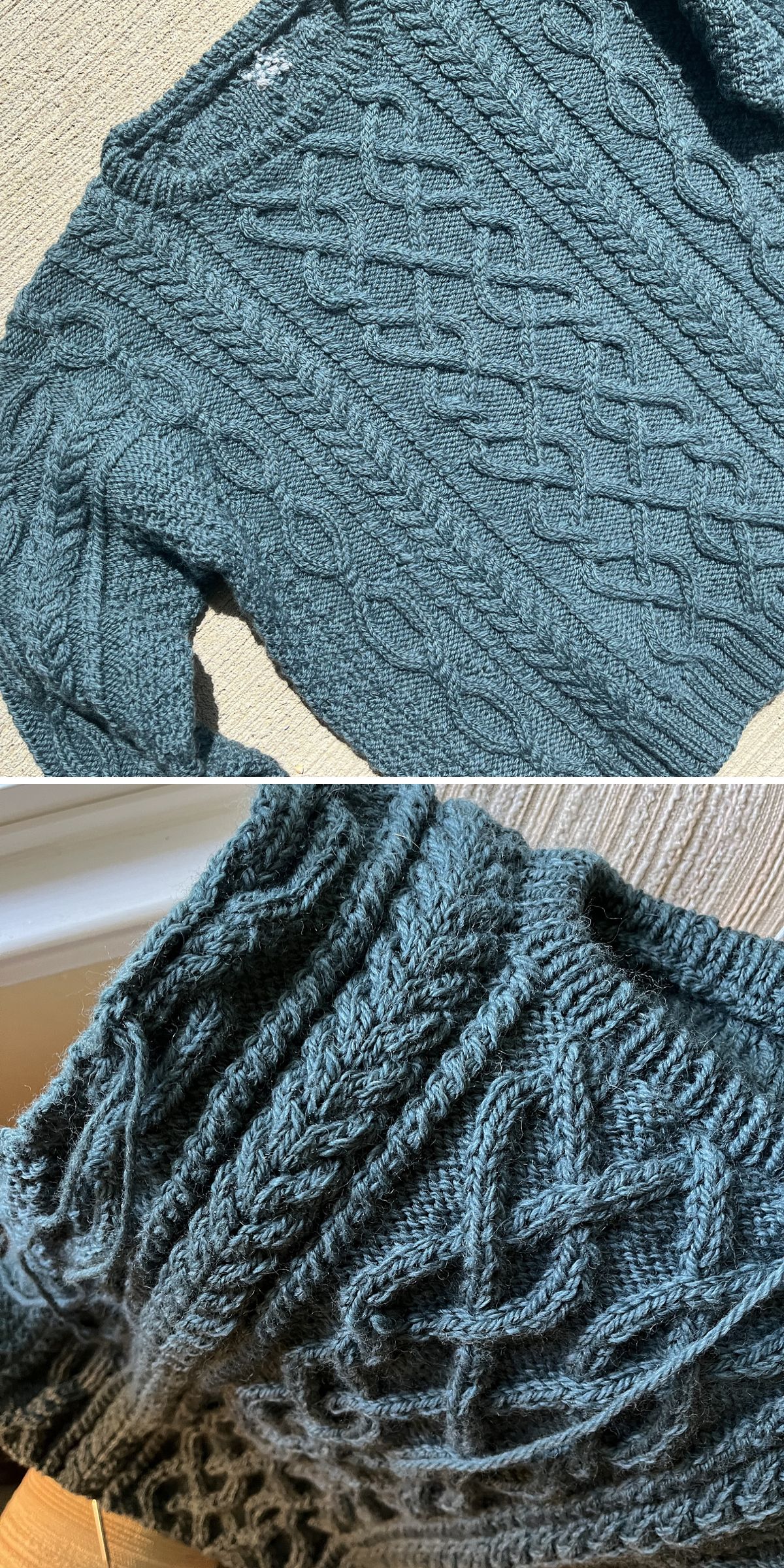 A baby boy sweater with intricate cable and diamond patterns in teal yarn, shown in both a flat view and a close-up detail of the stitching.