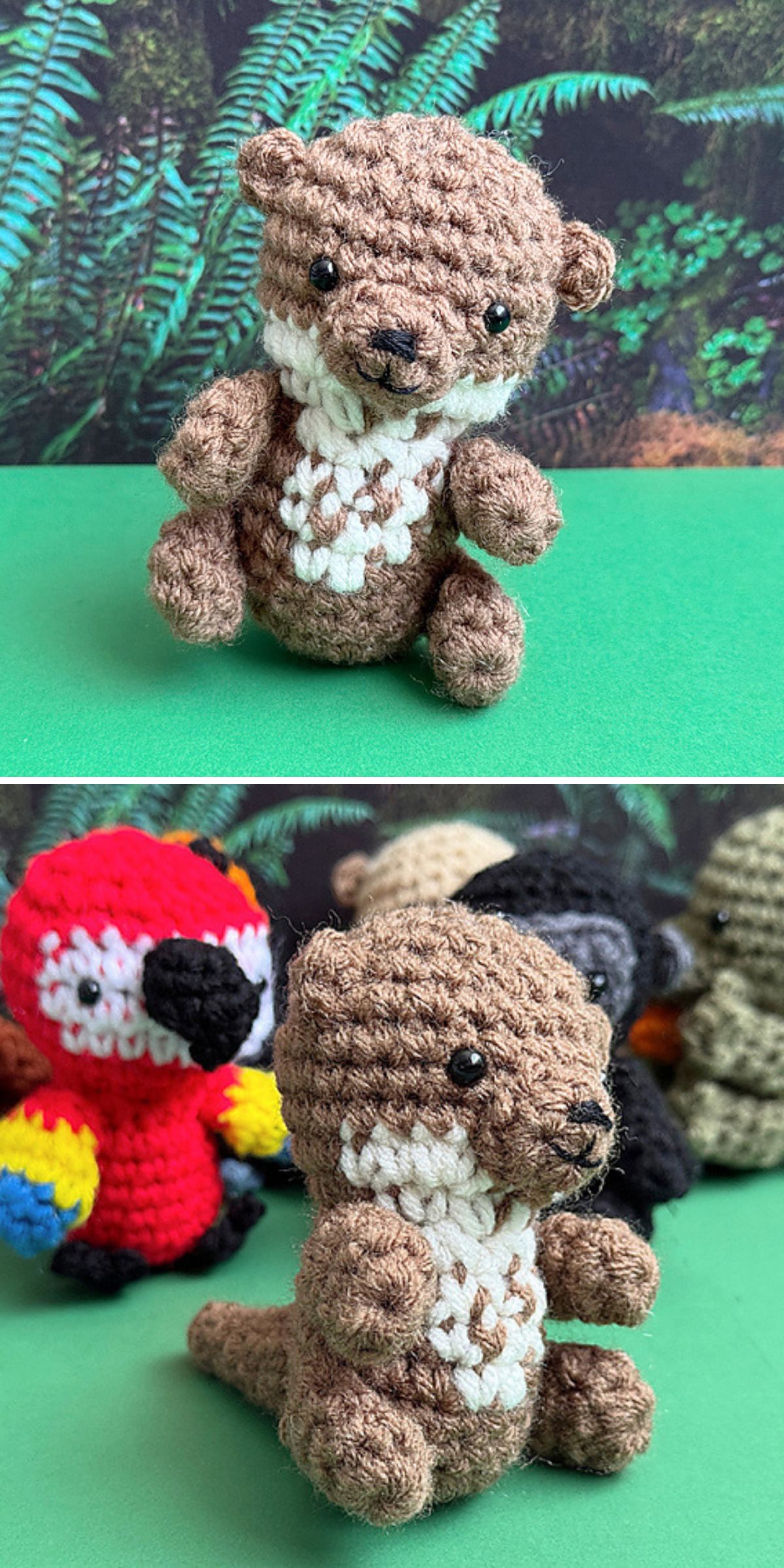 Handmade crochet river otter amigurumi with a cream chest and expressive face, photographed in front of a rainforest-themed backdrop.