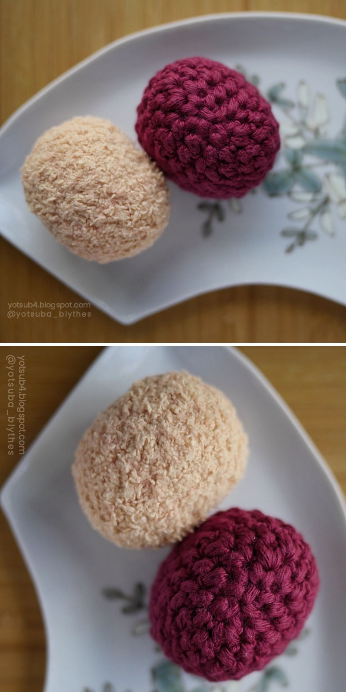 Two food amigurumi crocheted balls (ohagi), one beige and one burgundy, are placed on a white floral-patterned plate and shown from different angles.
