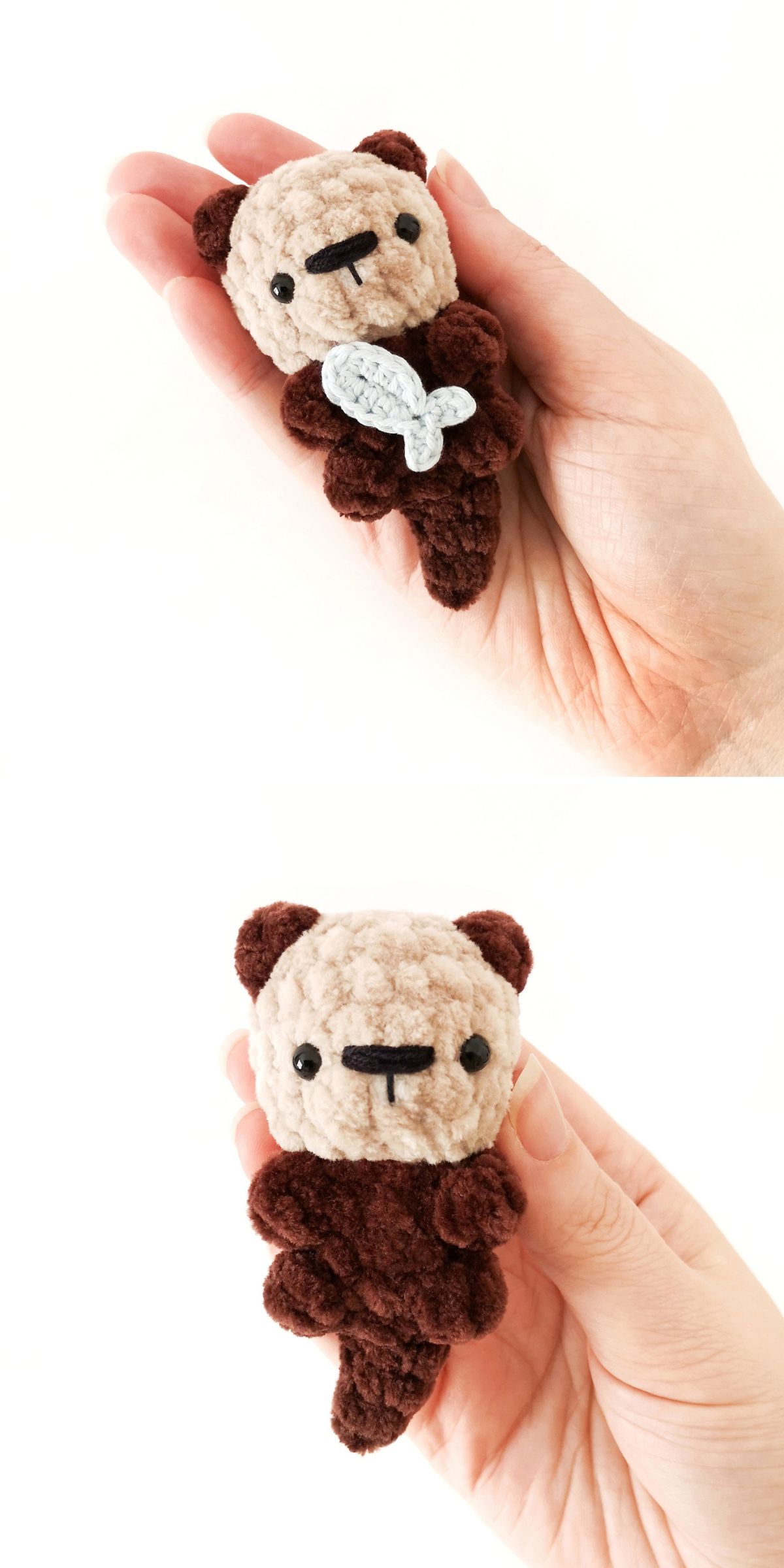 A hand holds a small crochet otter plush; in the first image, the crochet otter holds a gray fish, while in the second image, it is shown without the fish.