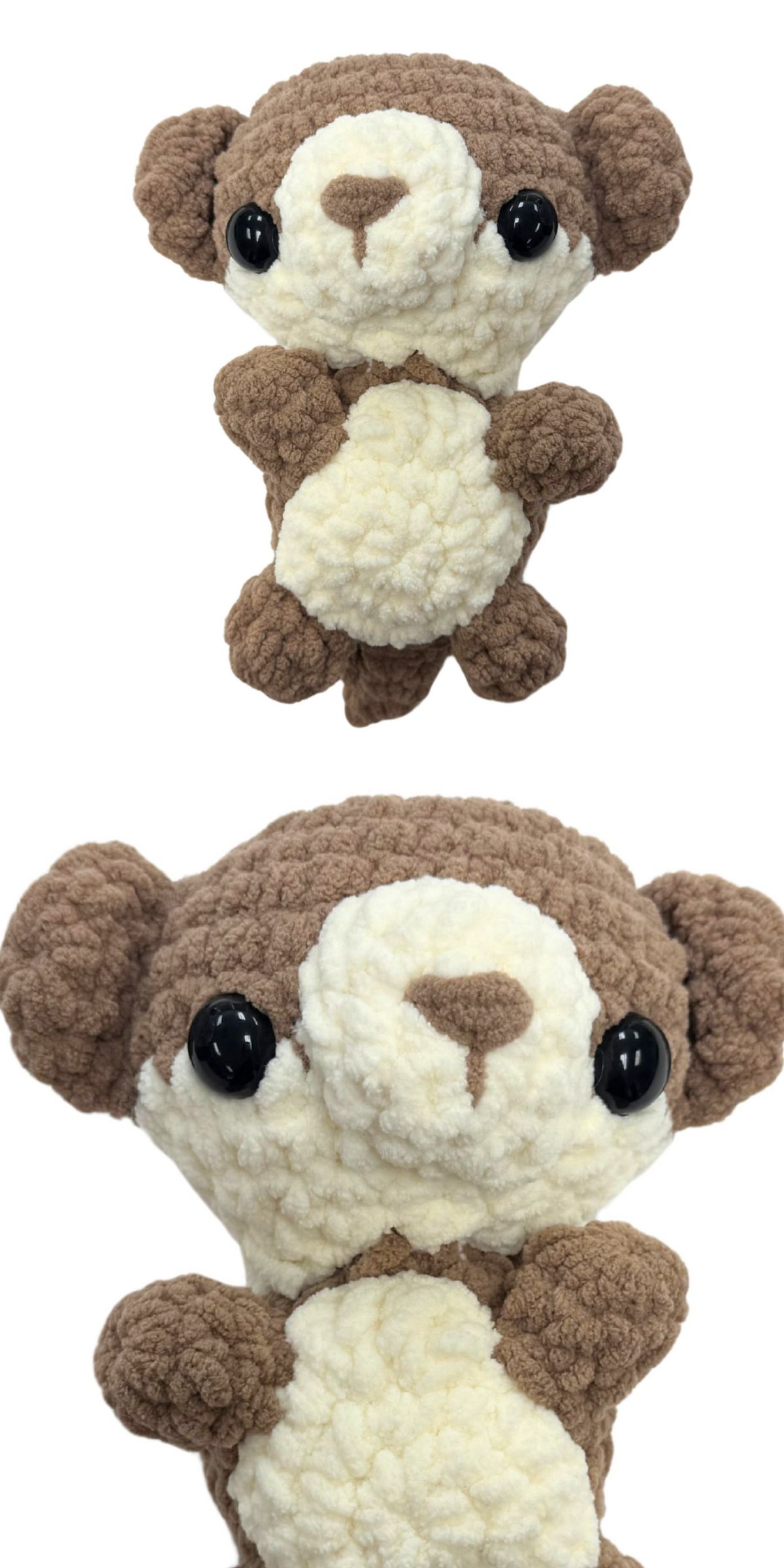 Two views of a small, brown and cream-colored plush otter with black button eyes are shown against a white background