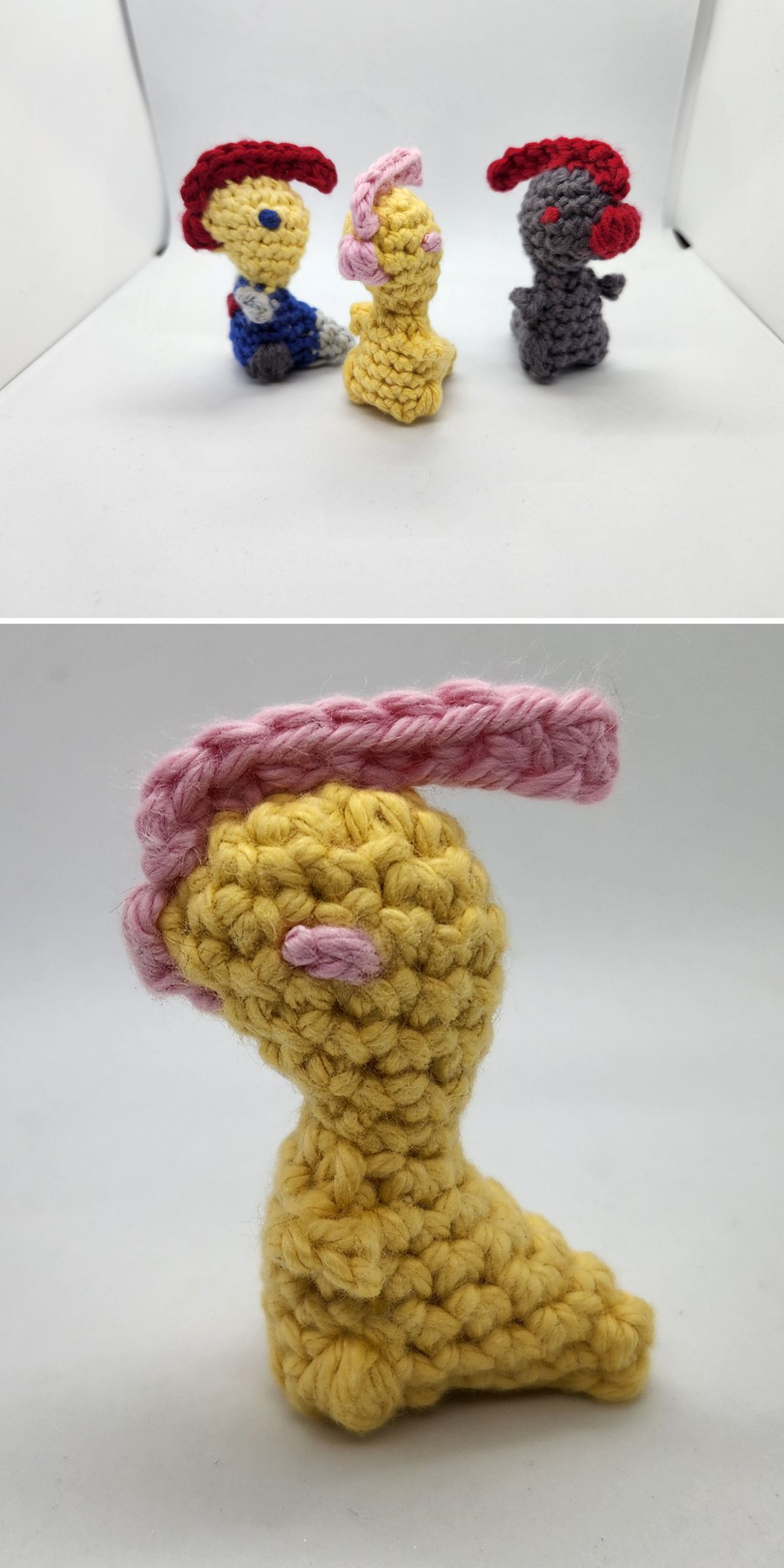 Three crocheted dinosaur figures are displayed on a white background with a close-up focusing on the yellow Parasaurolophus with a pink mane in the second image.