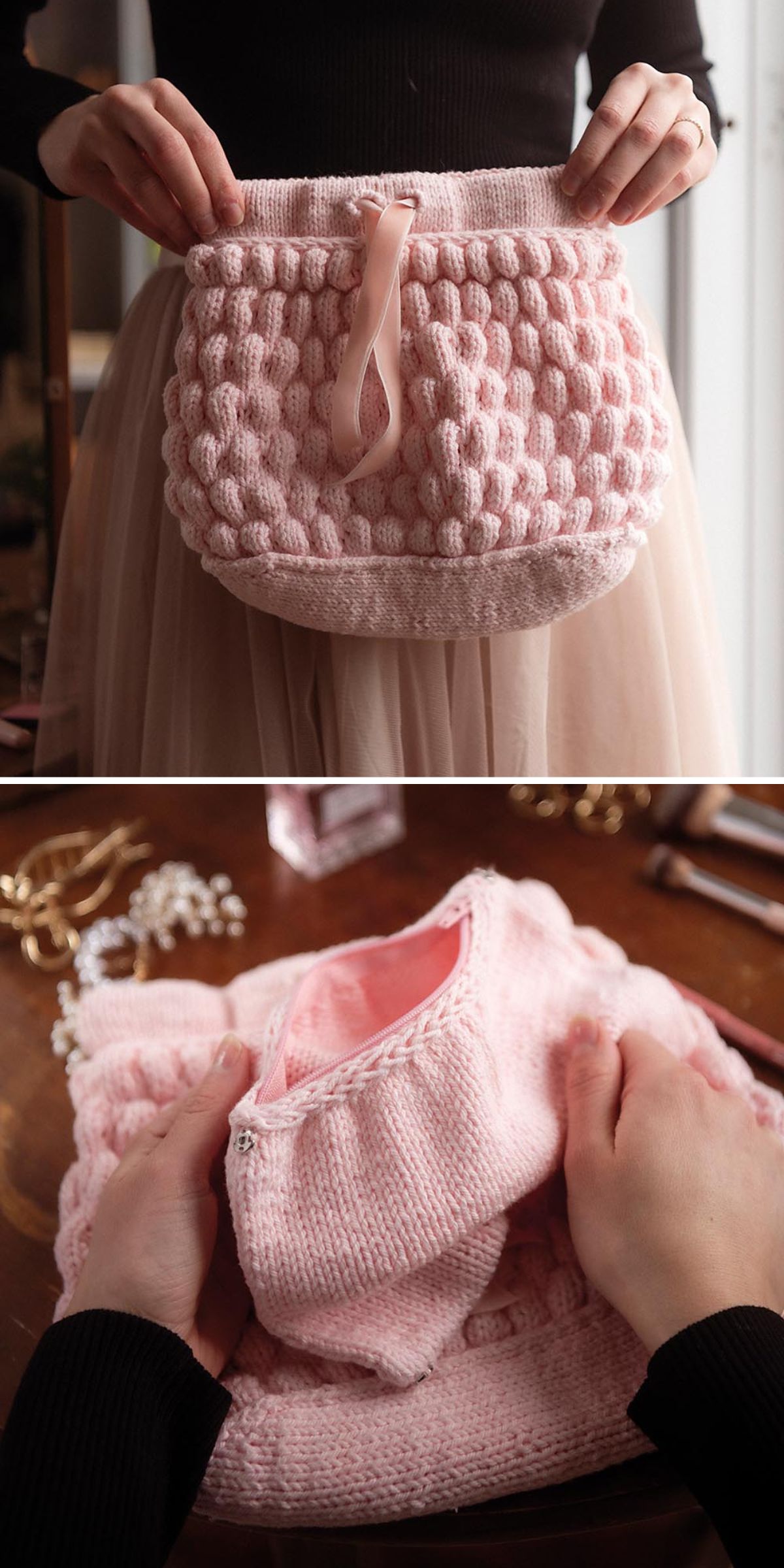 A person holds a textured pink knit bag; inside, the bag contains a matching folded pink knitted garment.
