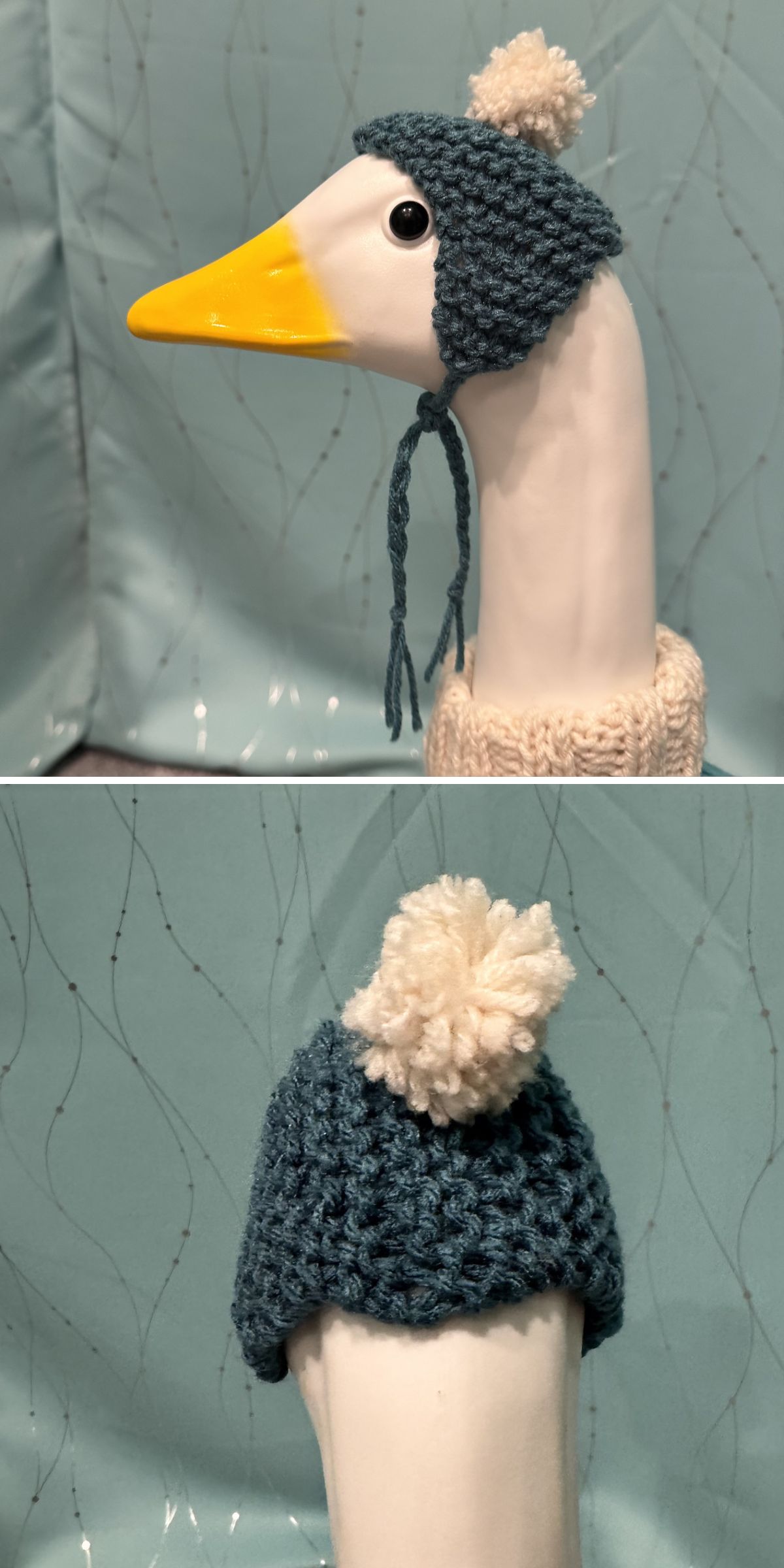 A plastic goose model wears a knitted blue hat — like knitted clothes for dolls — with a white pom-pom and earflaps, shown in side and back views against a light blue background.