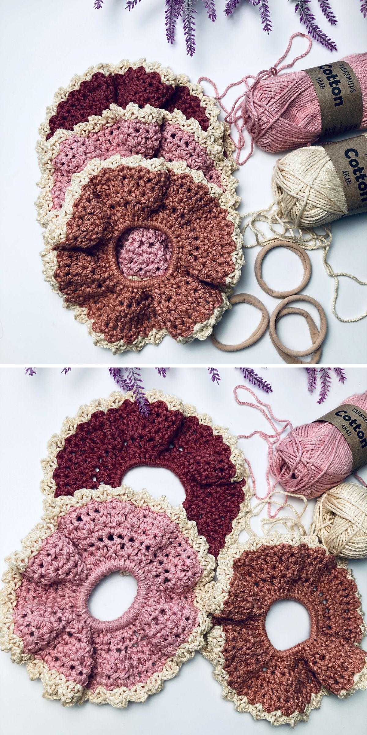 Three crocheted floral scrunchies in shades of pink and beige are displayed beside cotton yarn spools, wooden rings, and crochet hooks on a white surface.
