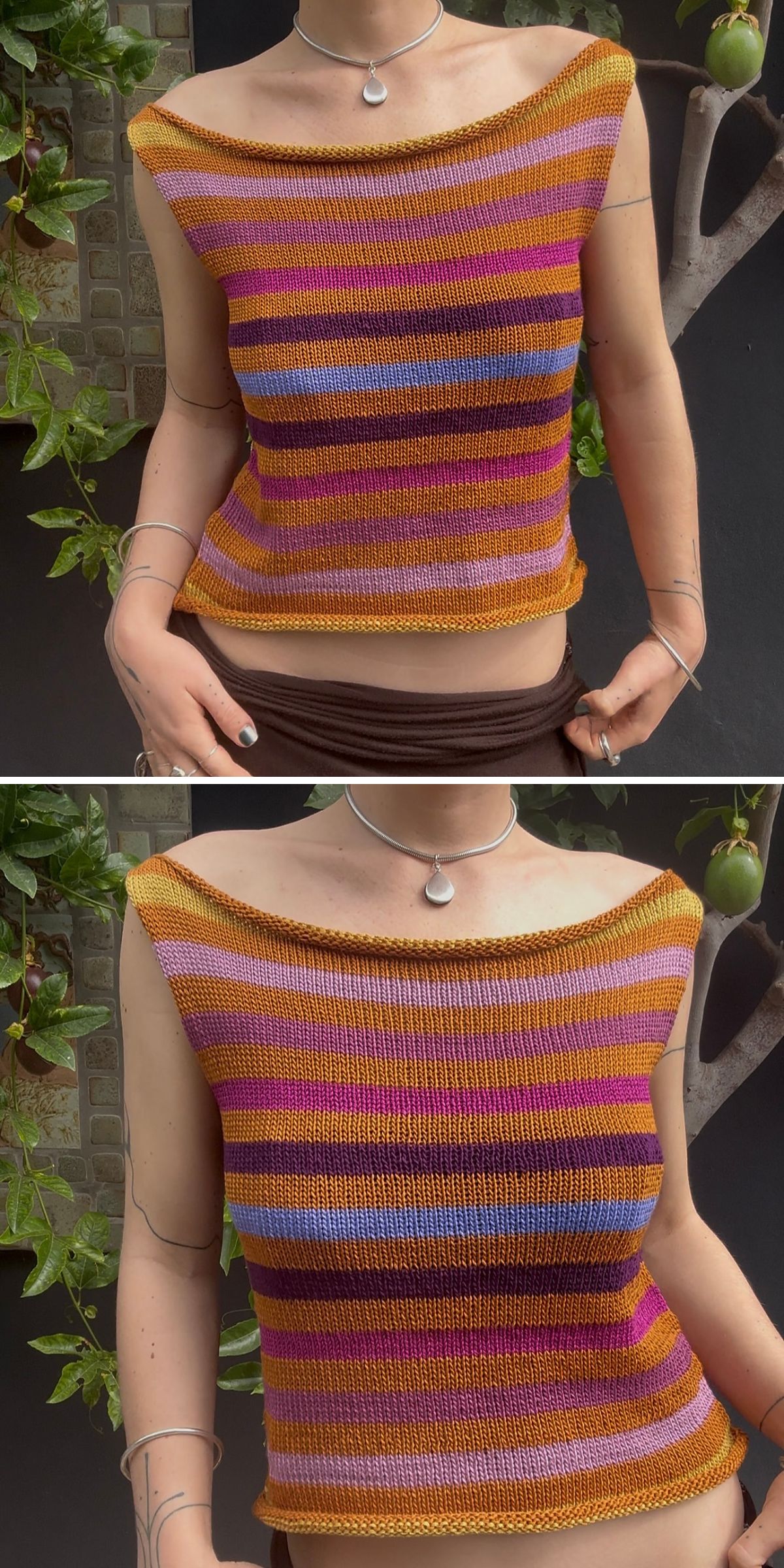 Two images show a person wearing a sleeveless, striped knit halter top in shades of yellow, orange, pink, and purple, paired with a brown skirt and silver jewelry, standing in front of plants.