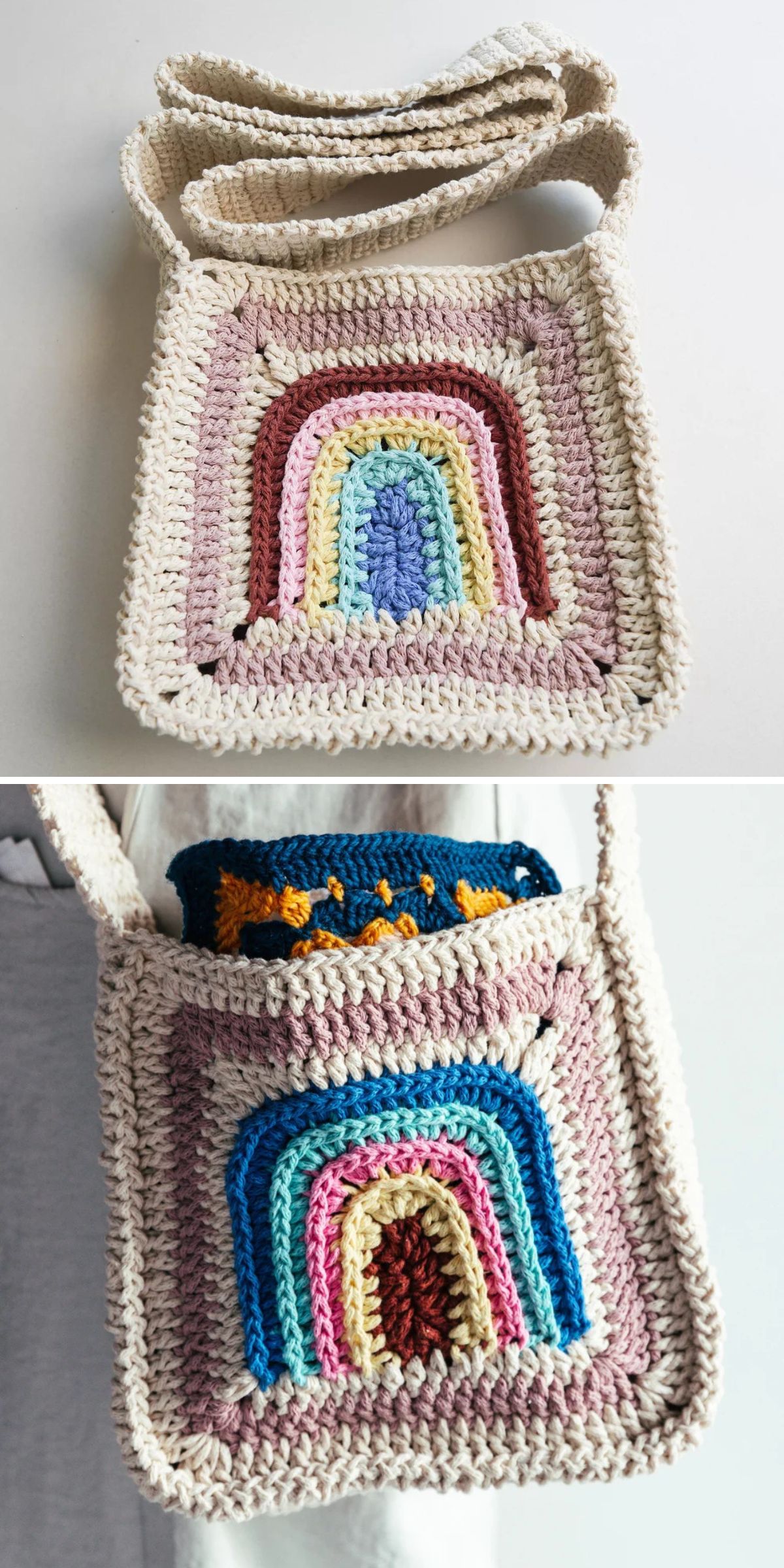 Crochet crossbody bag featuring a vibrant rainbow pattern on the front panel, shown empty in the first image and filled with essentials in the second.