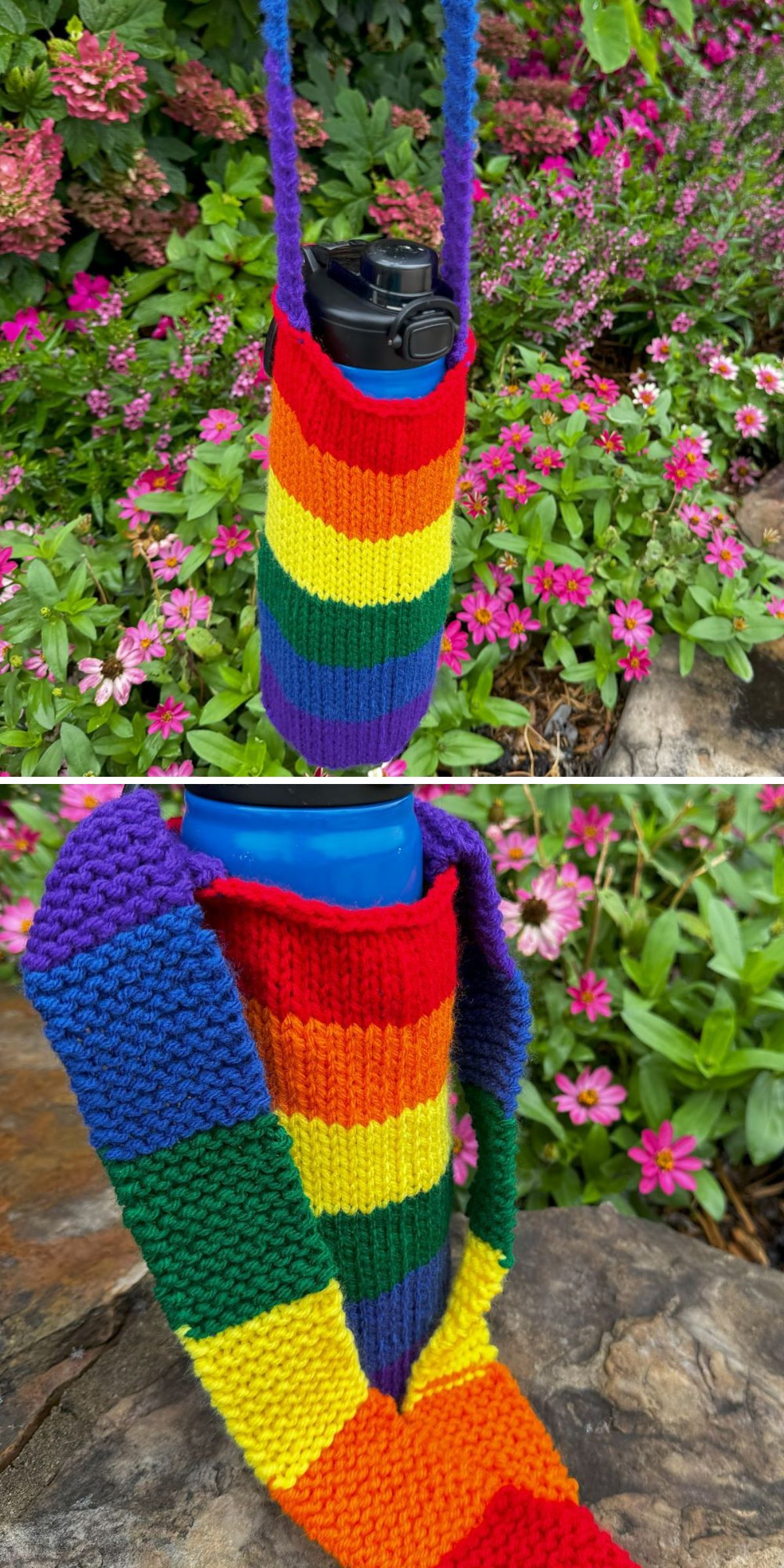 A blue water bottle in a vibrant, knit bottle holder with rainbow stripes and a handy strap, pictured outdoors among green leaves and pink flowers — perfect inspiration for your next knit bottle holder patterns.