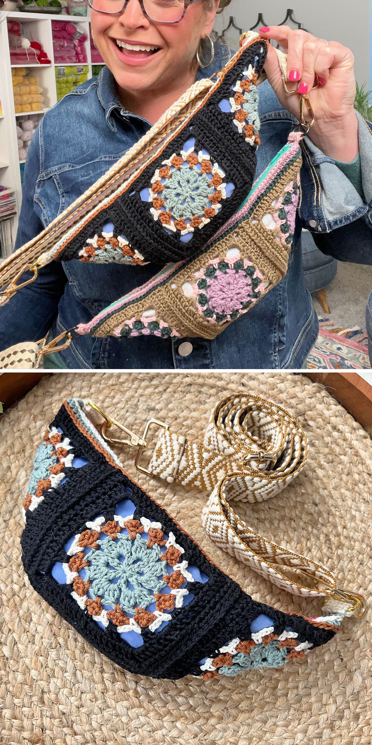 A person holding a handmade crochet crossbody bag with a geometric floral design in various colors, shown close-up on a woven surface with a patterned strap.