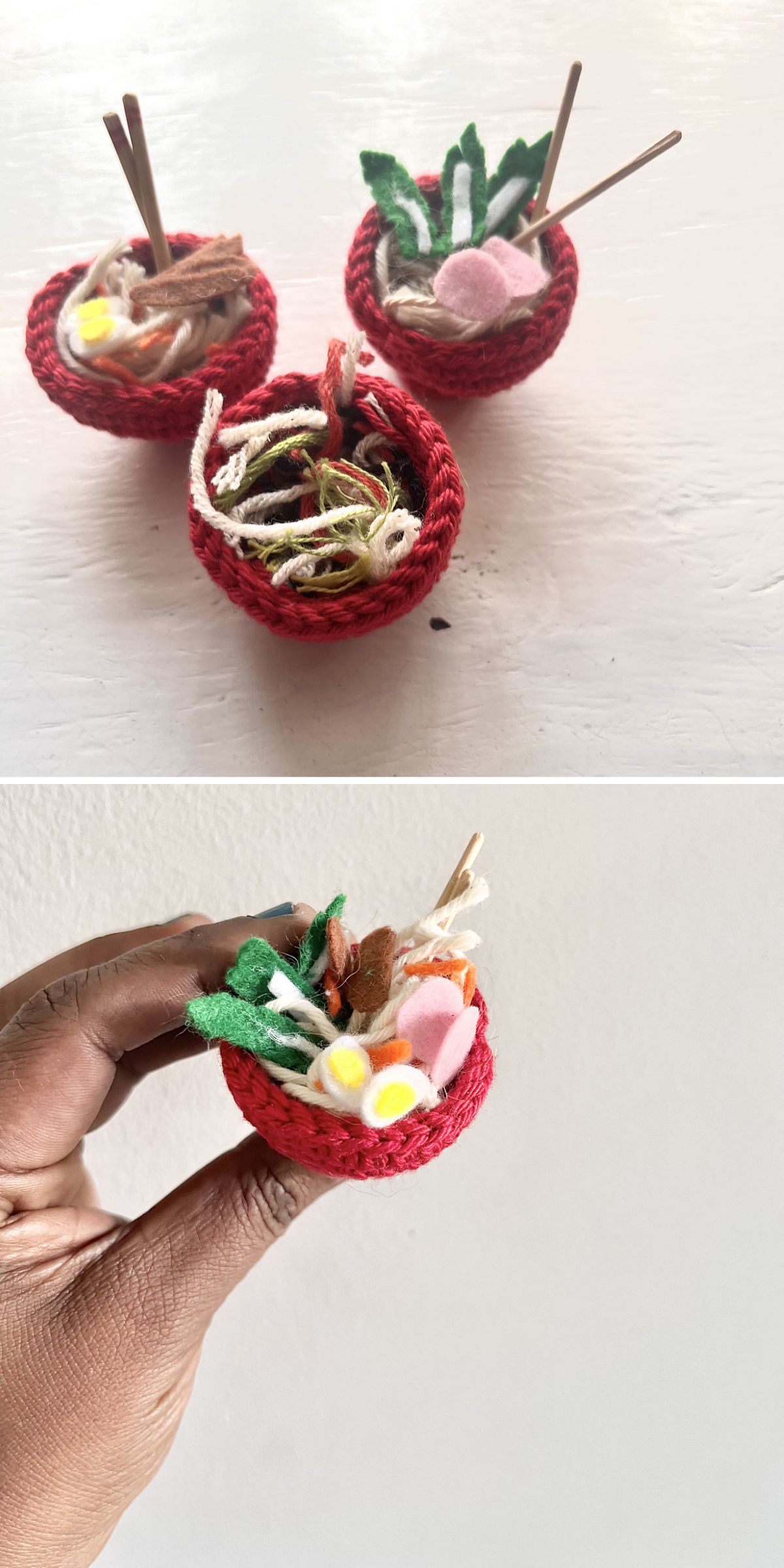 a tiny crochet ramen bowl
