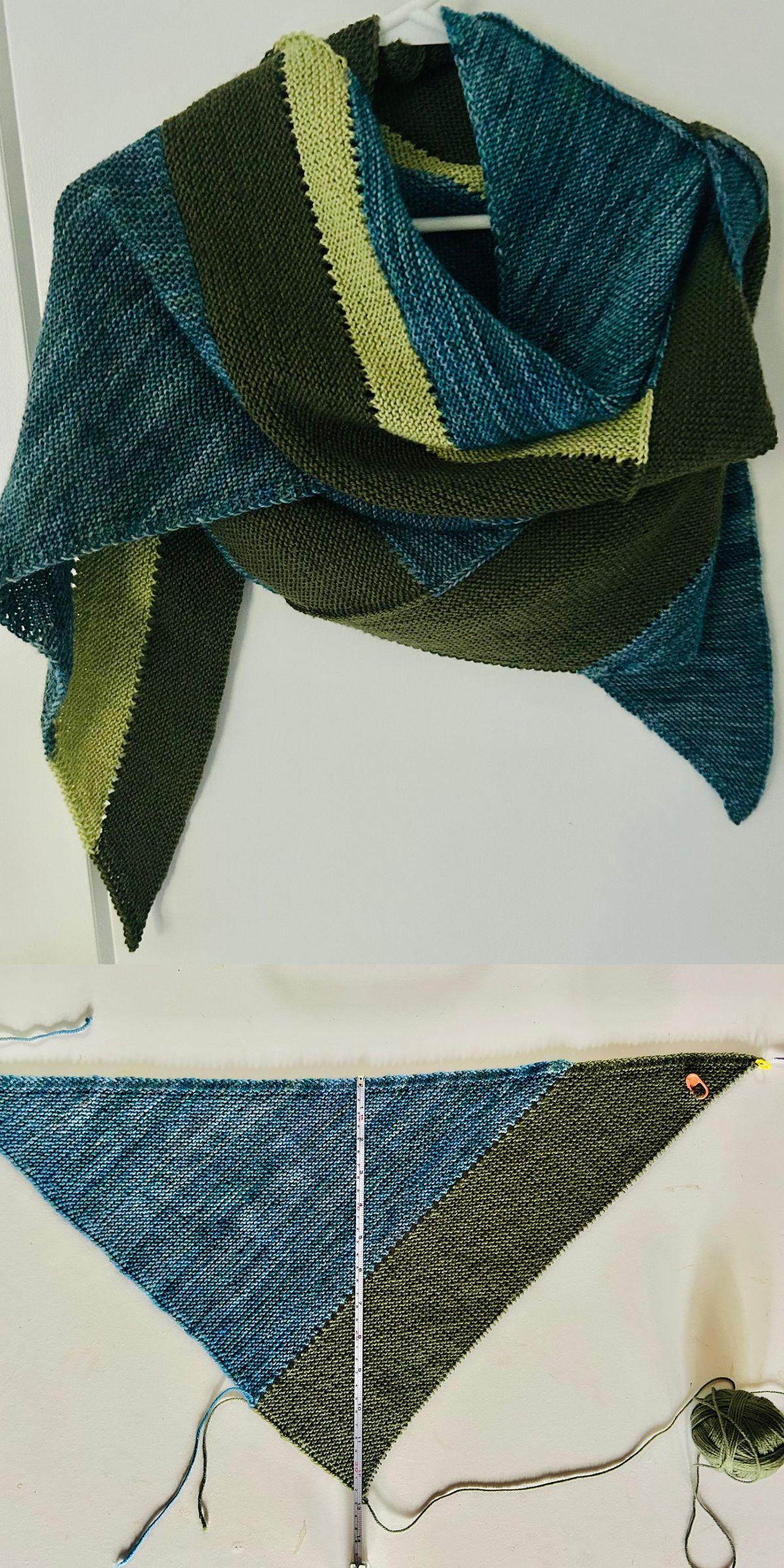 A large, triangular knitted shawl in blue, olive green, and light green is displayed; below is a progress photo showing the shawl partially completed with a measuring tape—perfect inspiration for those seeking free knitting patterns for wraps.