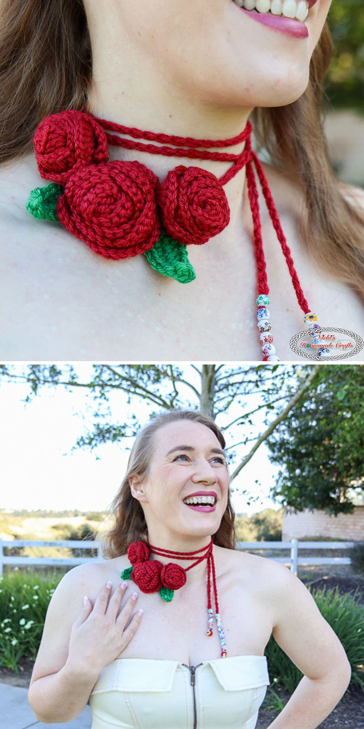 Crochet rose choker necklace featuring three red roses and green leaves on a wraparound cord, worn as a statement floral accessory.