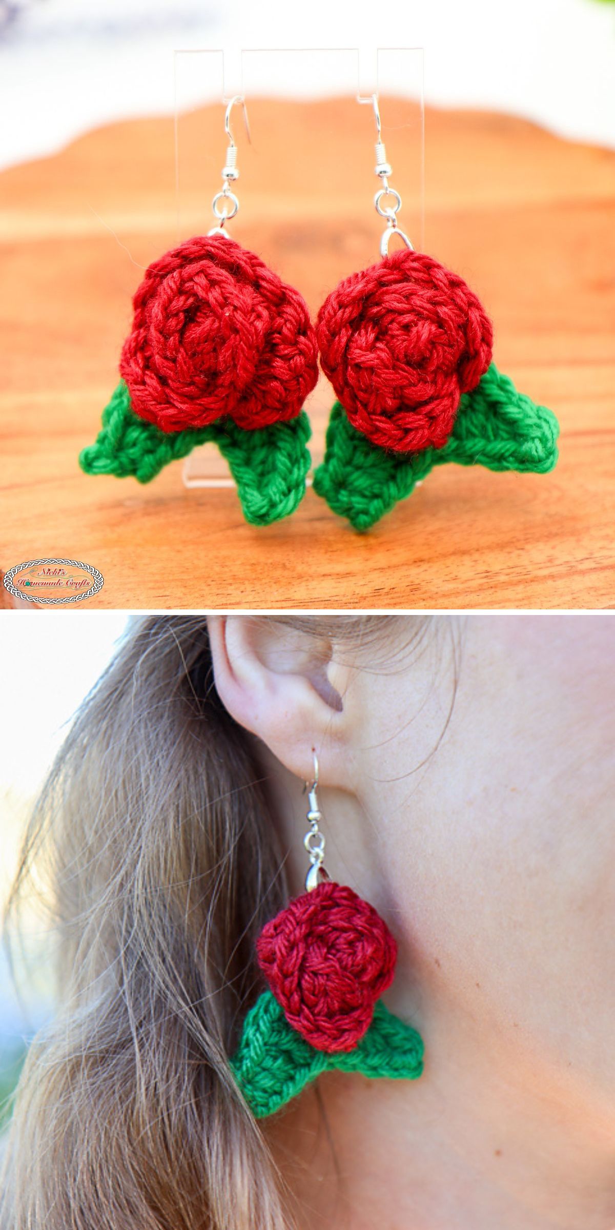 Two images show red rose-shaped crochet earrings with green leaves, beautifully displayed on a stand and worn on a person's ear, highlighting the charm of handmade crochet earrings.