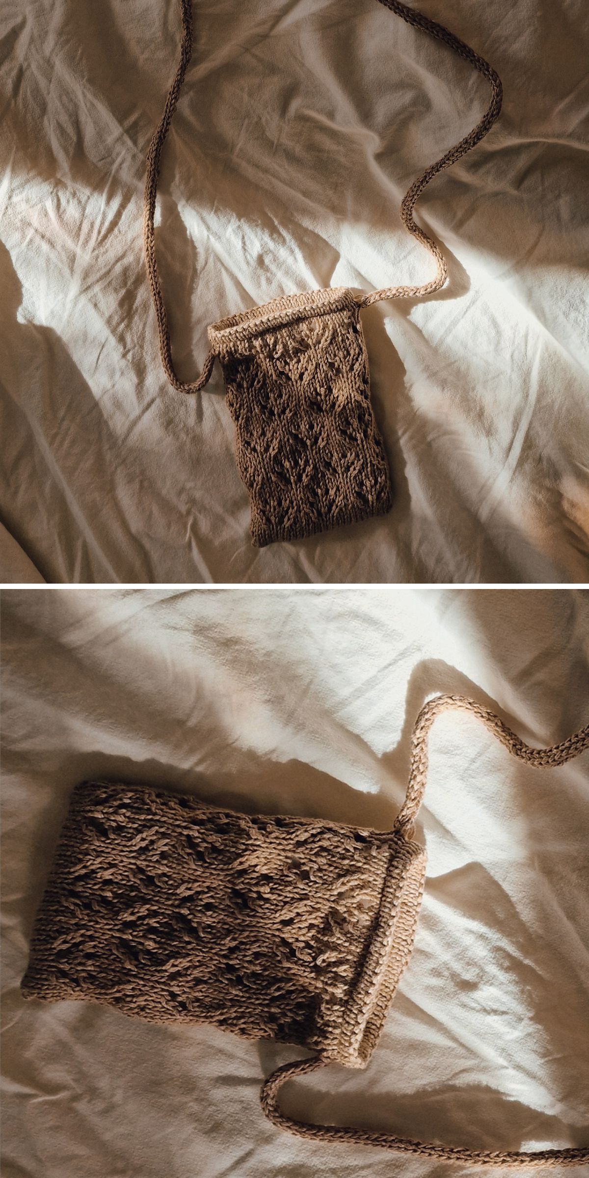 a brown knitted pouch with a long handle, so it can be used as a small crossbody bag