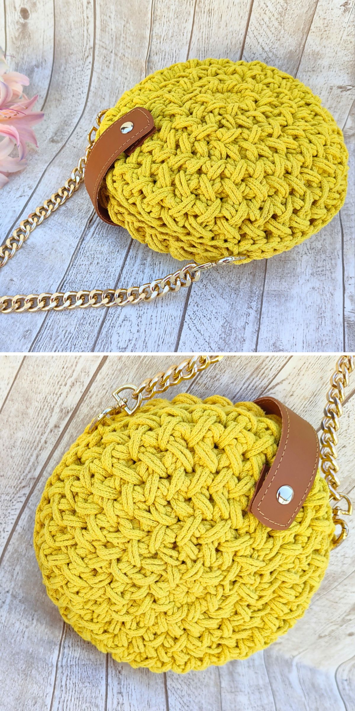 Round yellow crochet crossbody bag with a gold chain strap and a brown leather handle, placed on a wooden surface.
