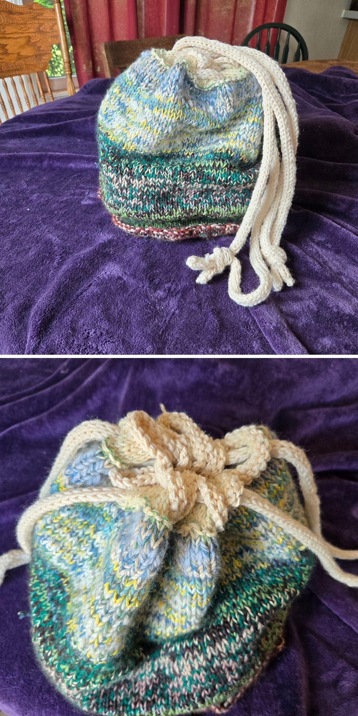 a knit drawstring bag in mostly green and baige color, made of scrappy yarn