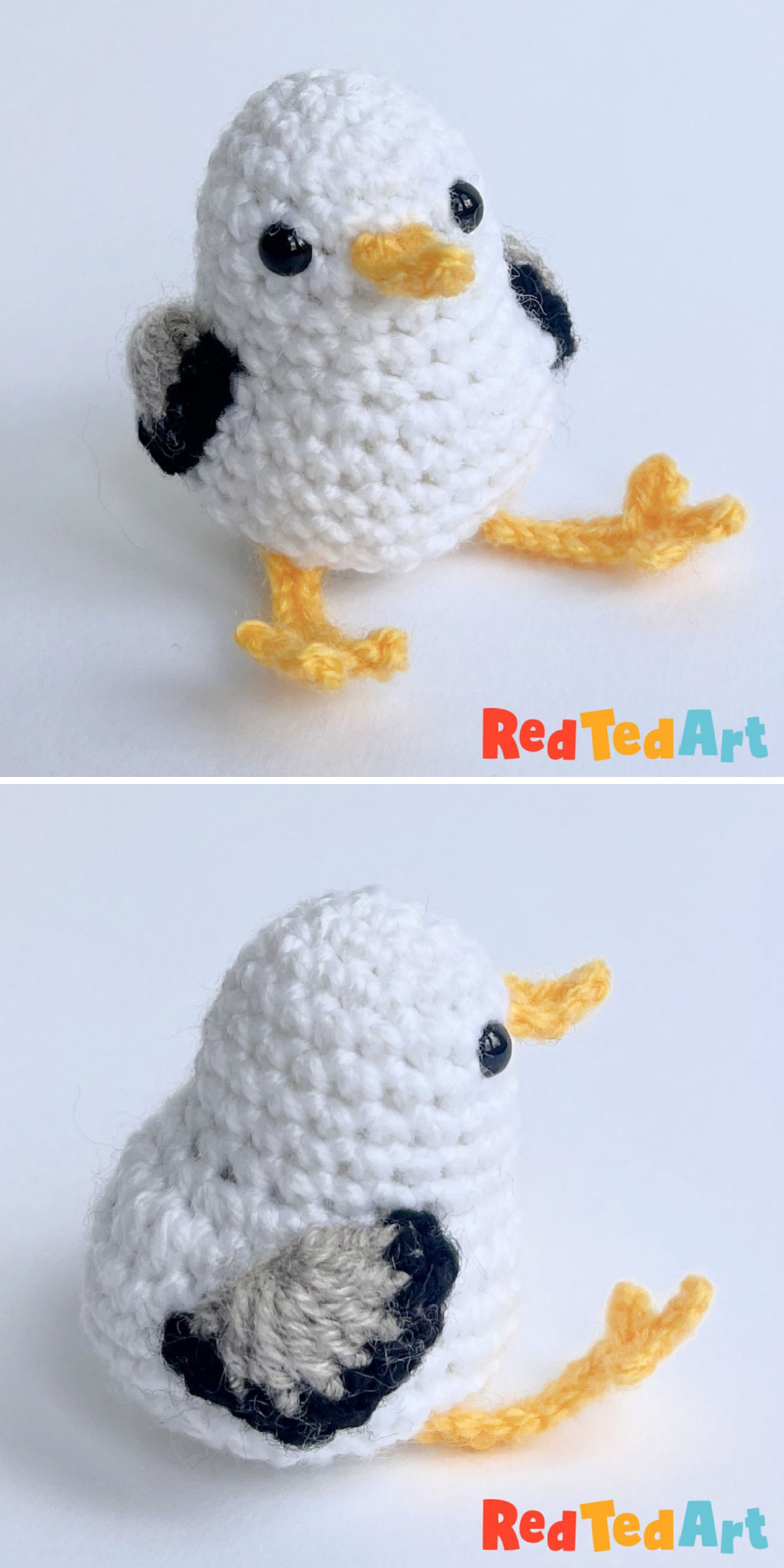 a cute crochet seagull amigurumi shown from different sides