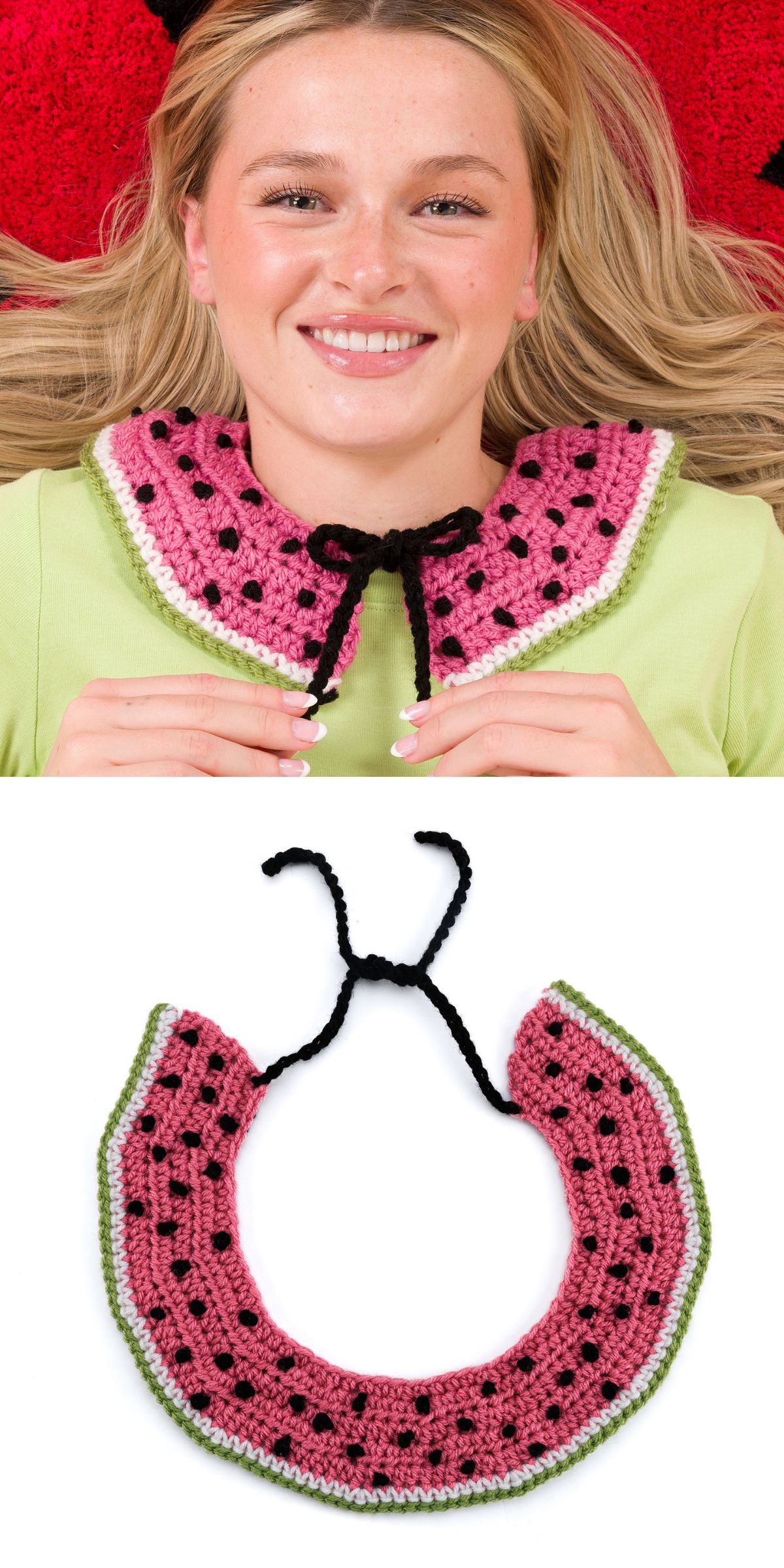 A woman wears a crochet collar designed to look like a watermelon slice; the collar is pink with black seed-like dots, a green border, and a black tie.