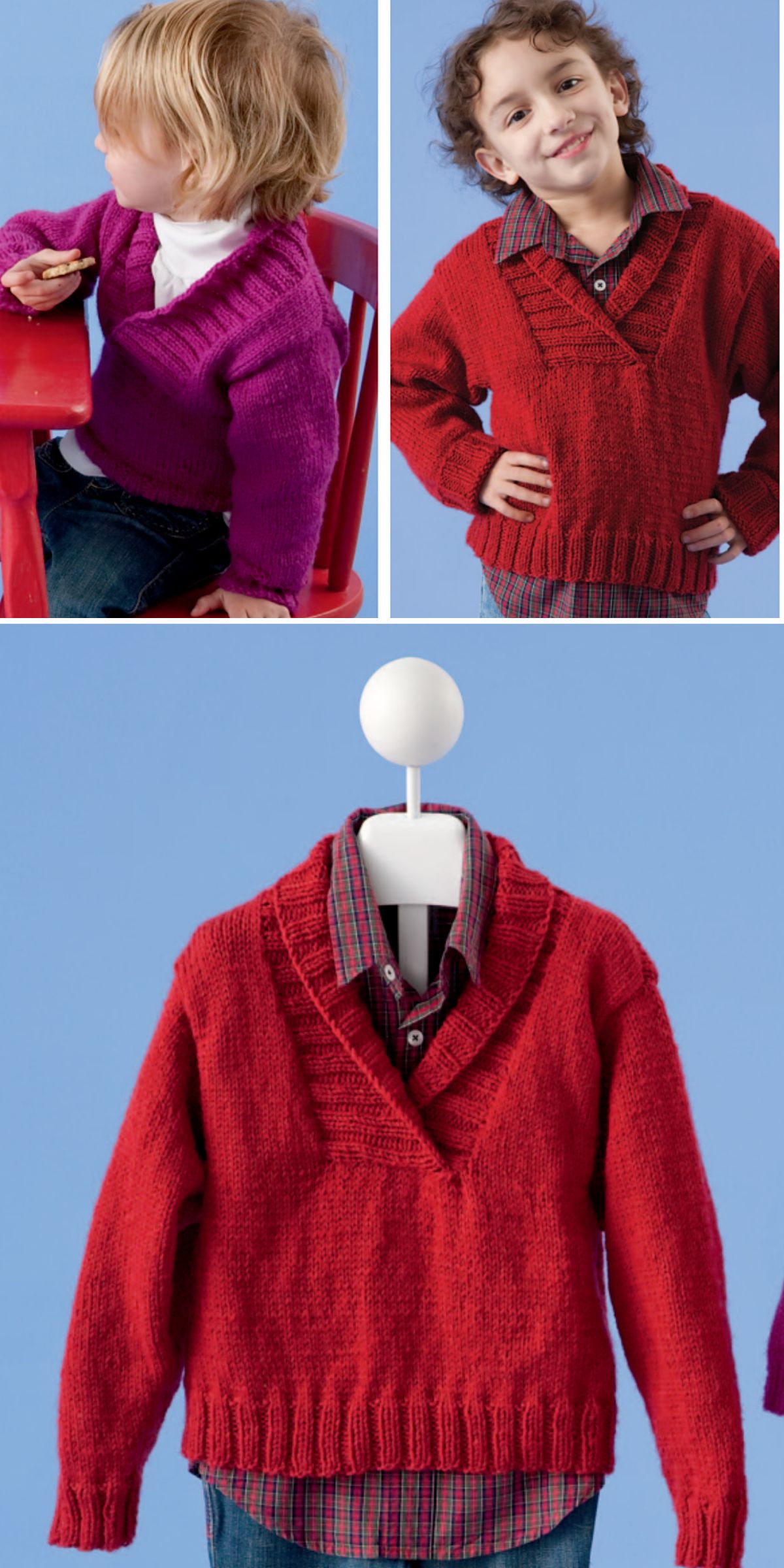 Three images show children's shawl-collar sweaters: a child in a purple sweater, a child in a red baby boy sweater, and a red sweater displayed on a hanger over a plaid shirt.