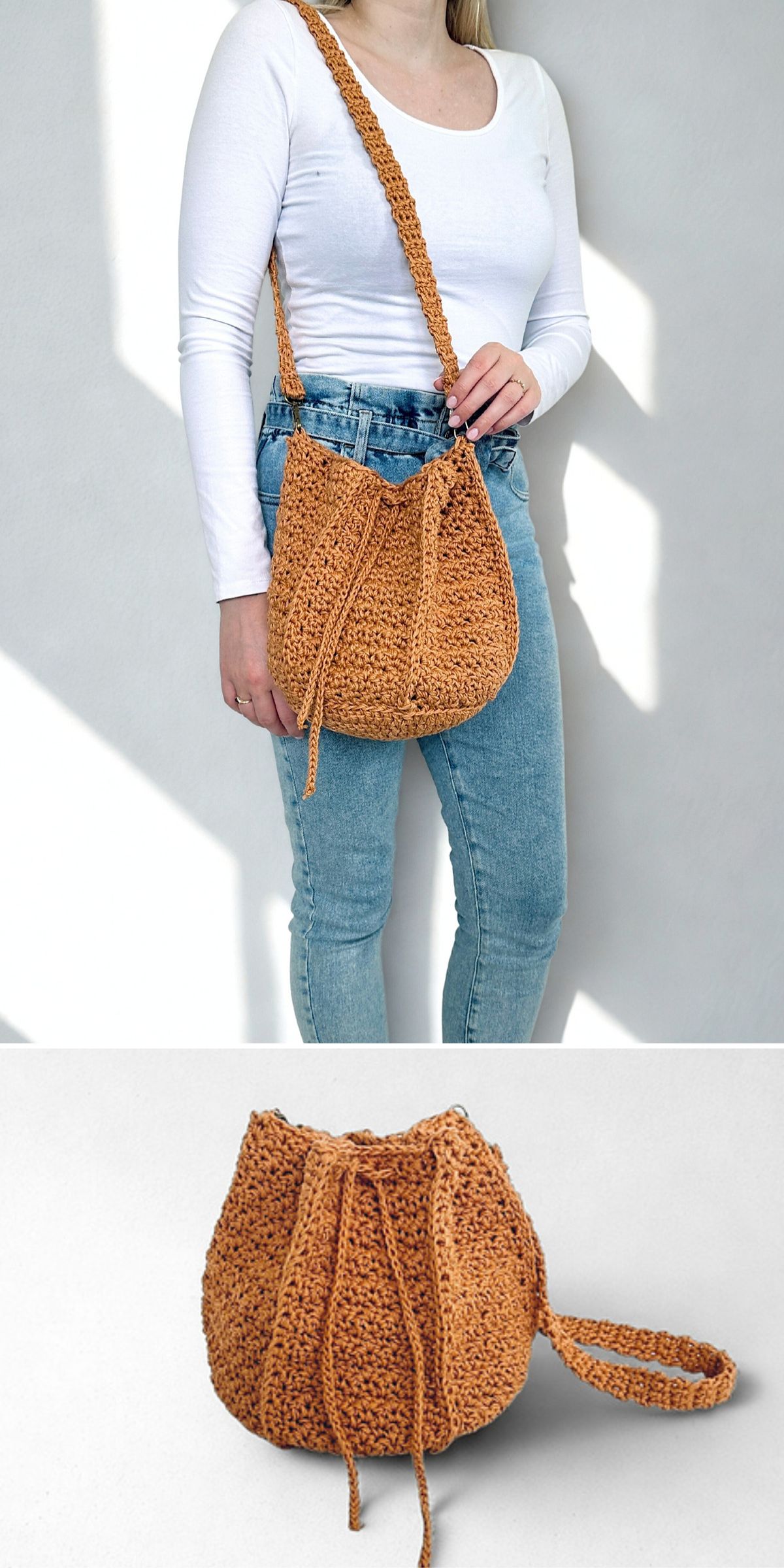 A person in a white long-sleeve shirt and blue jeans holds a brown crochet crossbody bag; the bag is also displayed separately below on a white background.