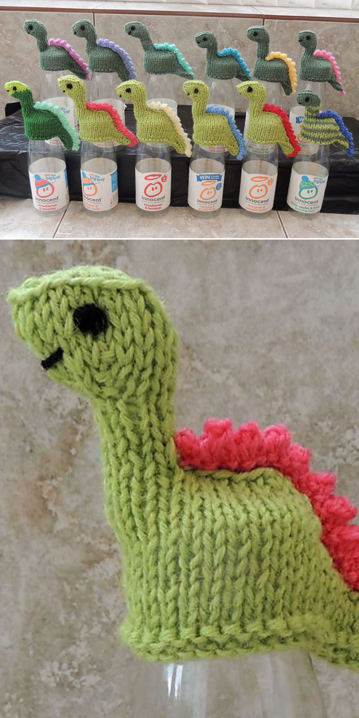 Knitted dinosaur-shaped wine bottle holders in various colors are displayed on bottles; a close-up shows one green topper with a pink back ridge and black stitched eye.