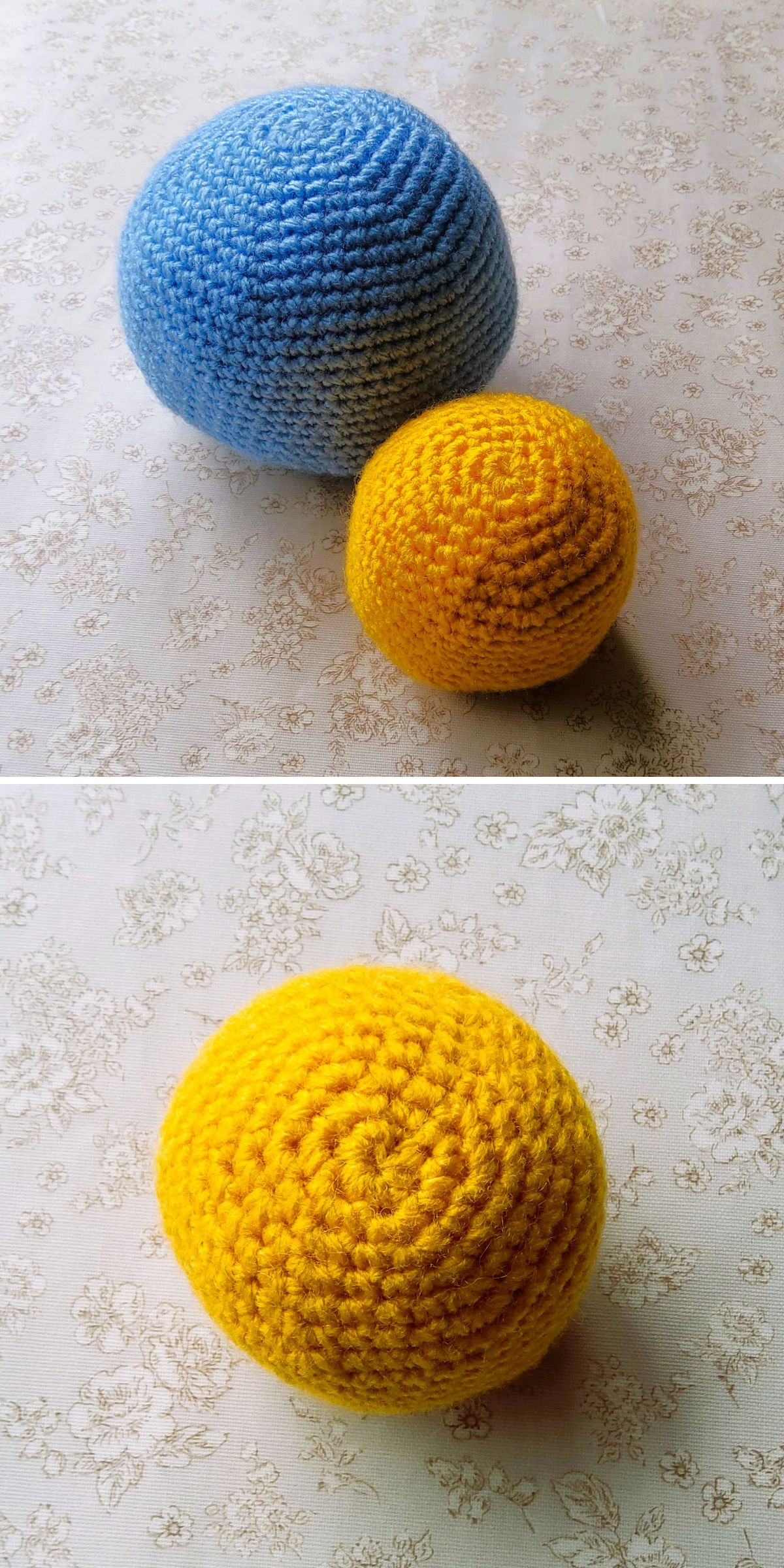 two crochet stress balls in different sizes - bigger one is blue and smaller one is yellow; great pieces to use as crochet baby toys