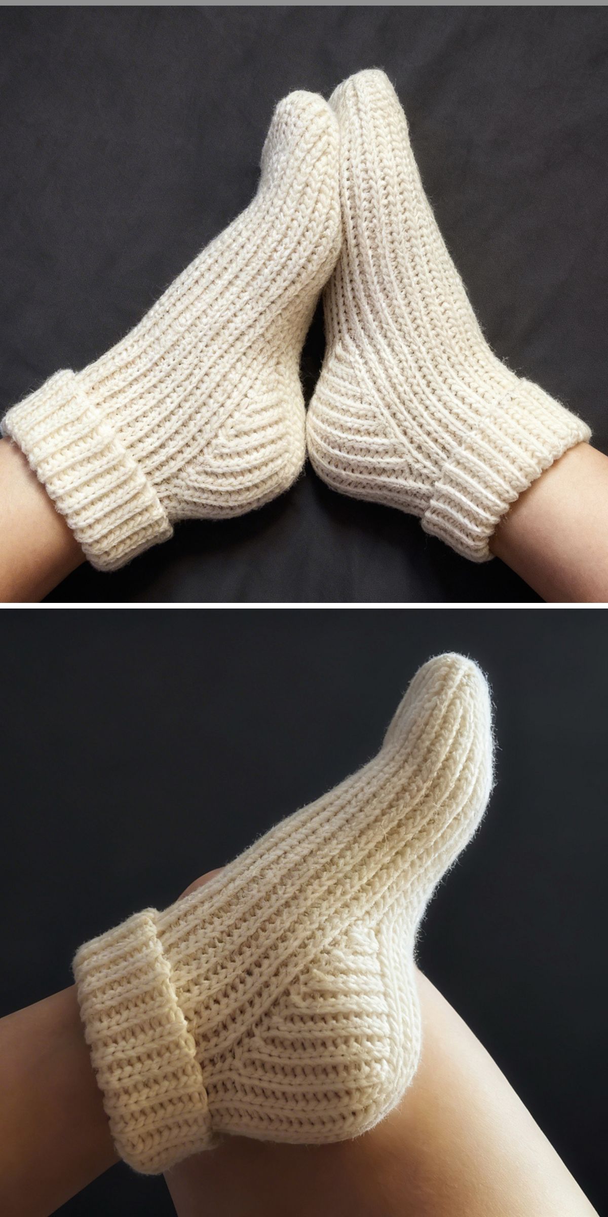 human feet on white bulky ribbed crochet socks