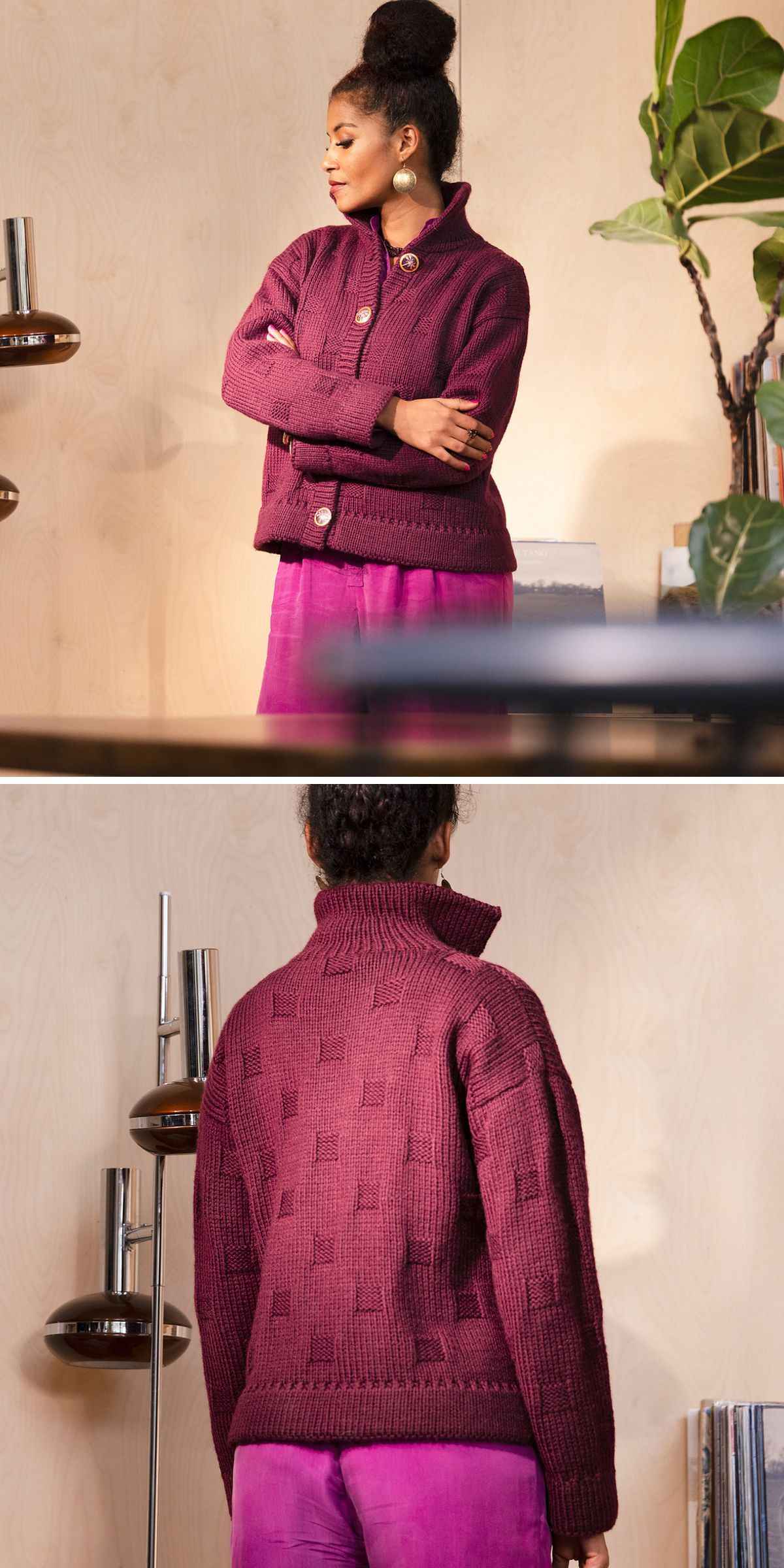 A woman stands indoors wearing a textured, maroon knit sweater inspired by Free Knitting Patterns for Cardigans and magenta pants, shown from the front and back against a light wood background with plants and lamps.