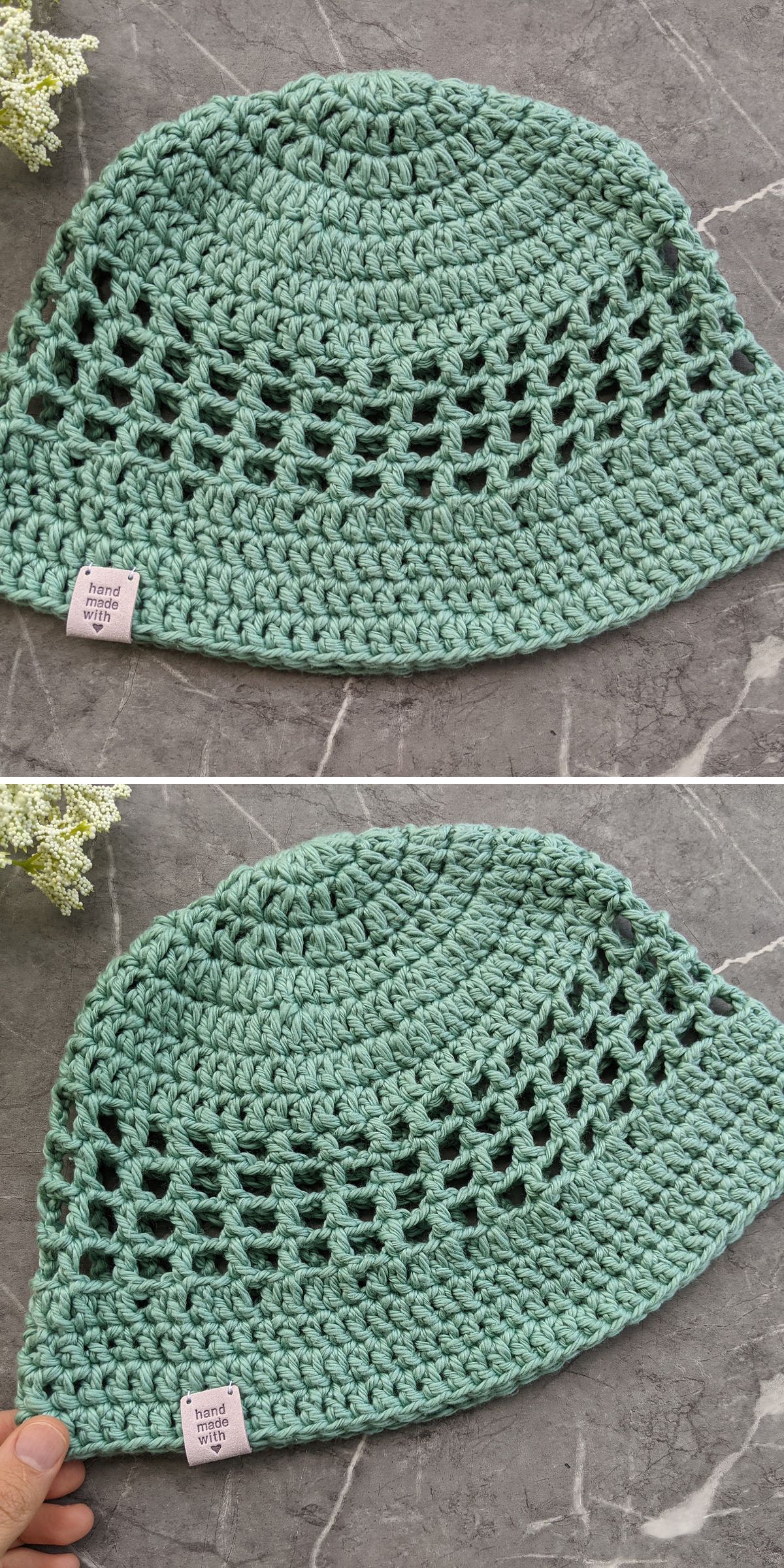 Two images of a green crochet sun hat with openwork holes, displayed on a gray marble surface. A small tag reading "hand with" is attached to the brim.