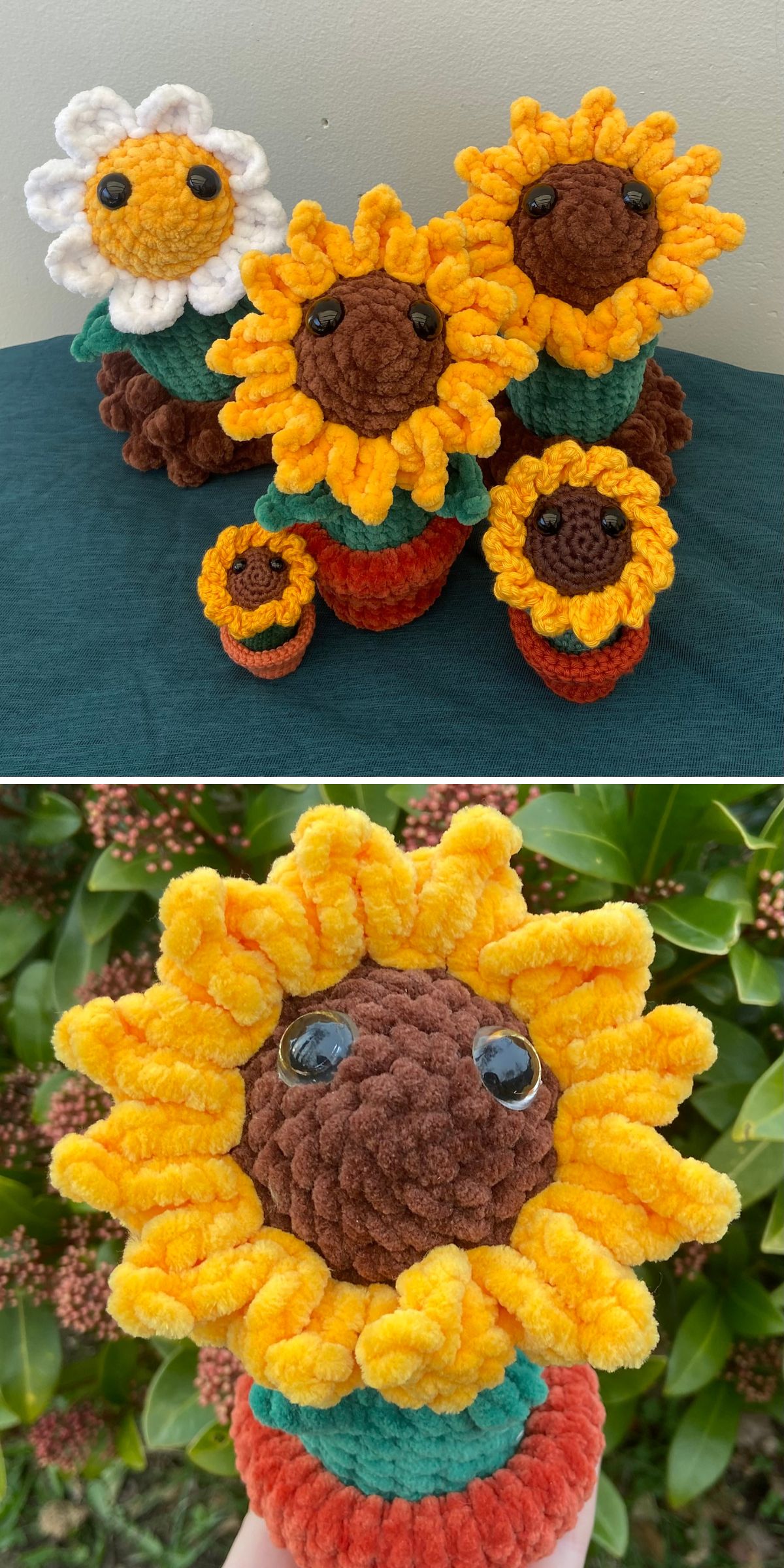 Crochet sunflower and daisy plushies with large eyes are displayed in small pots; the second photo features one crochet sunflower held up against vibrant green foliage.