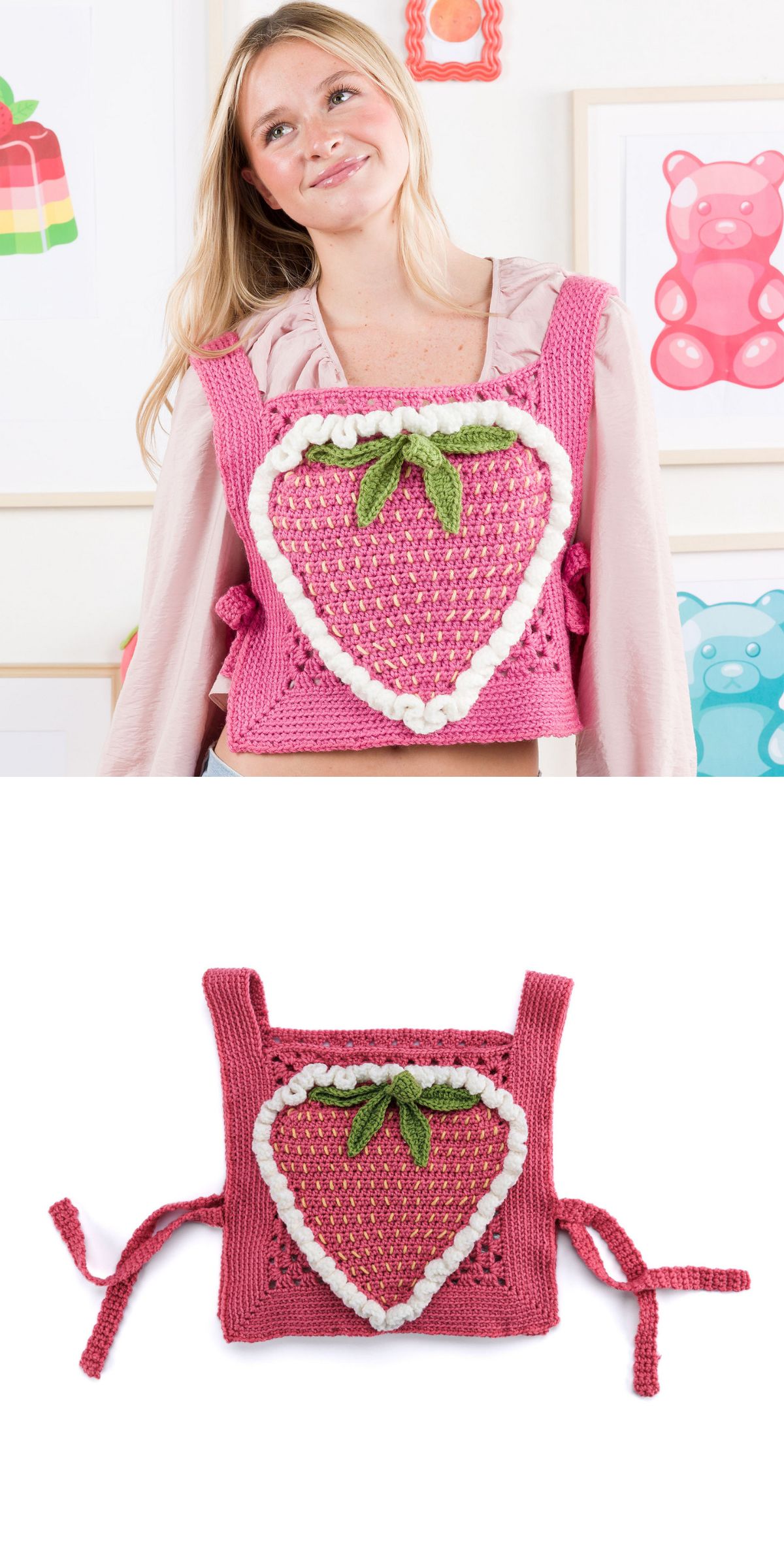 a lovely pink crochet vest with side ties and a big strawberry applique at the front panel