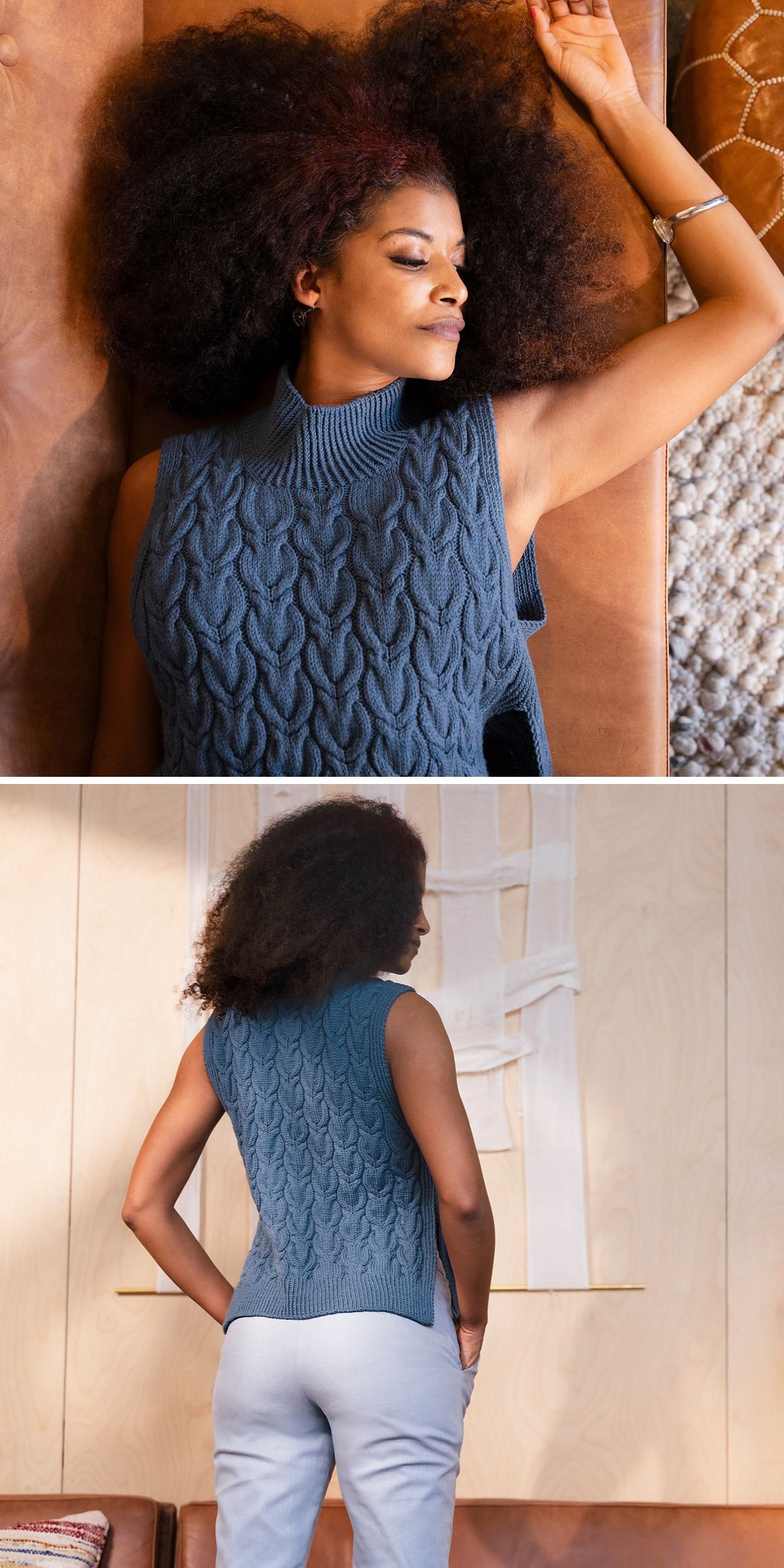 a woman in a blue, textured knit sleeveless top with a high neck
