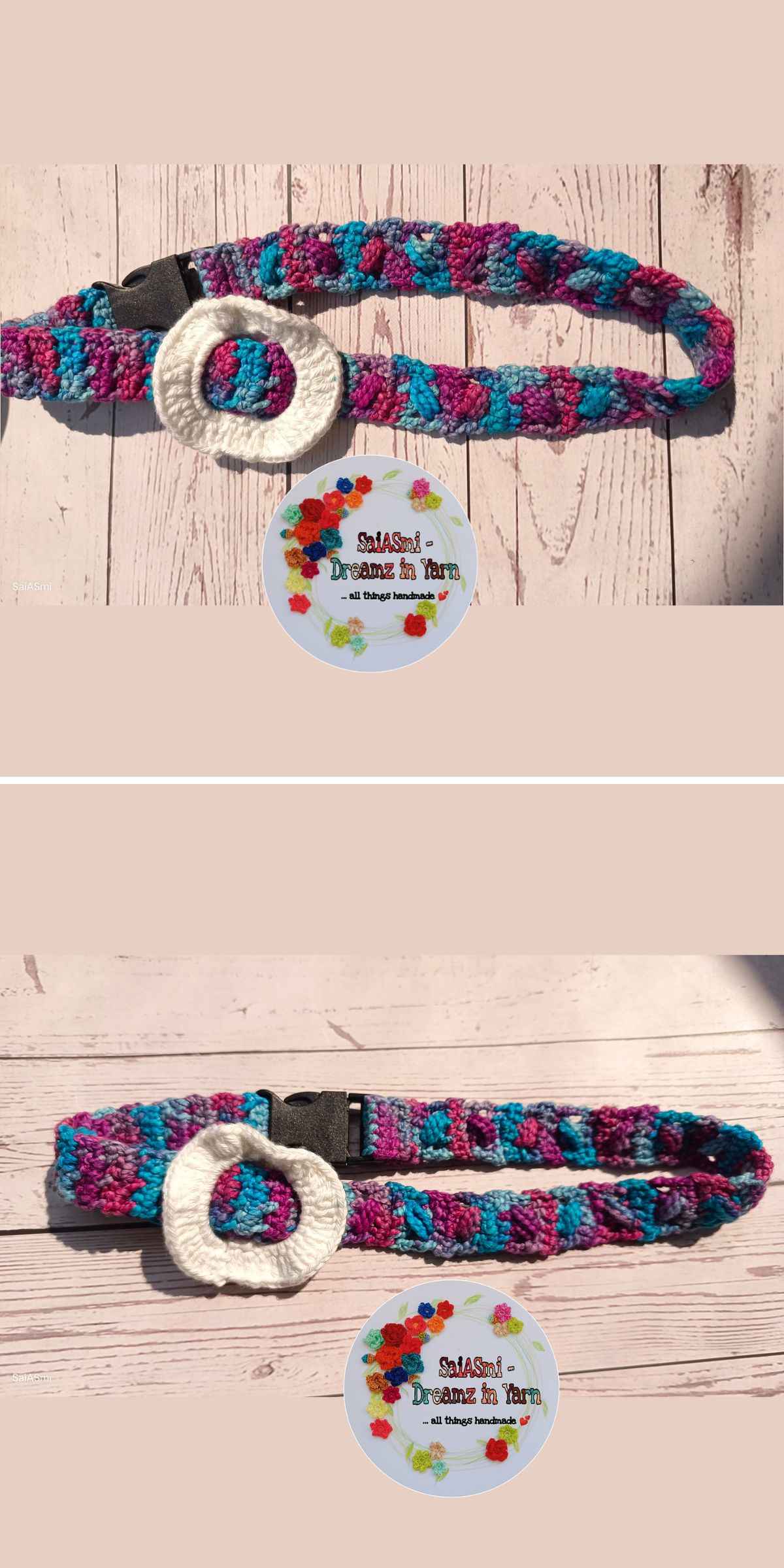 Handmade crochet pet collar in variegated shades of turquoise, purple, and pink, finished with a decorative white ring accent and buckle closure.