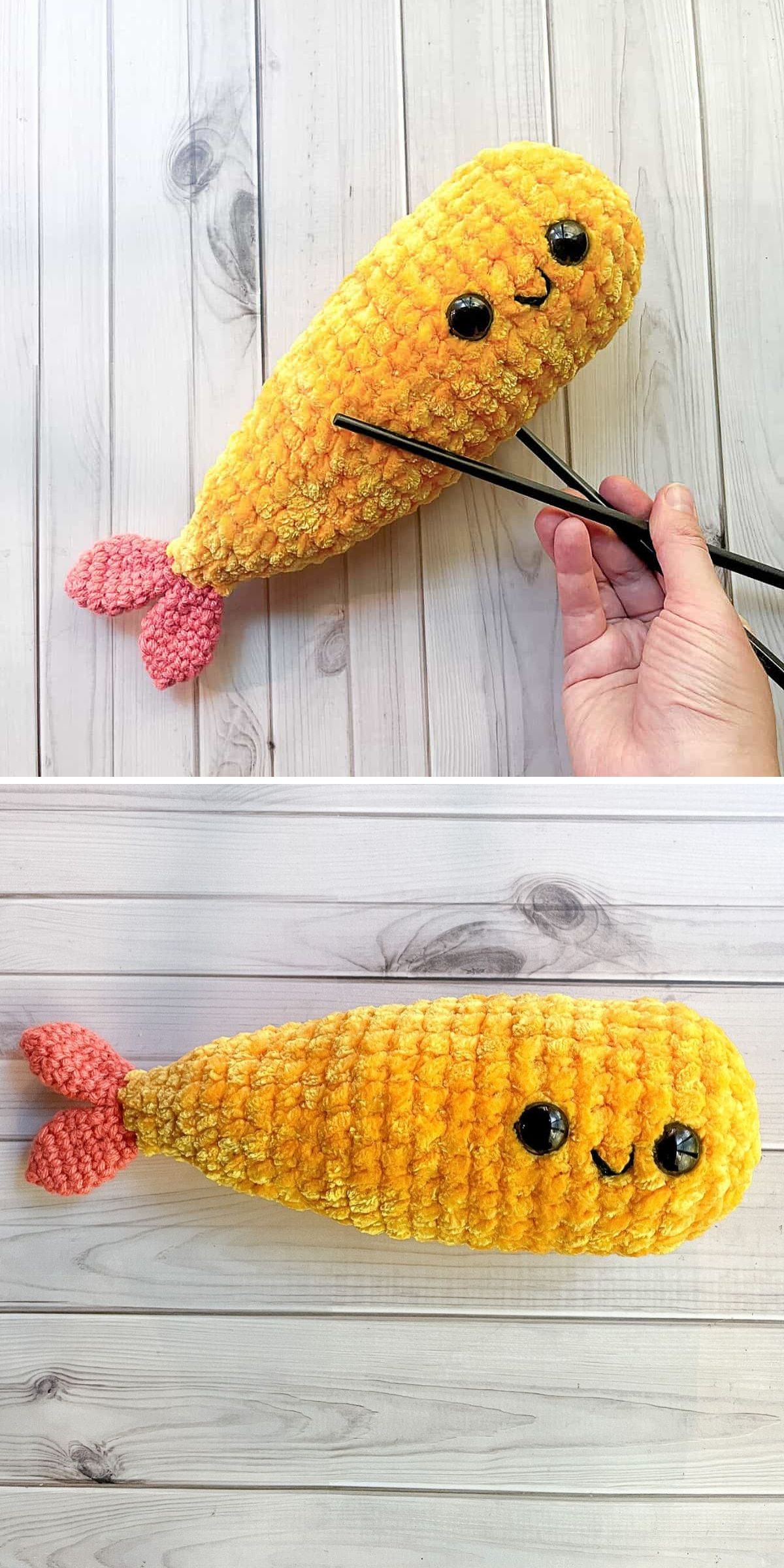 A plush toy shaped like a smiling shrimp with yellow scales and pink tail, shown on a wooden surface; this food amigurumi is featured in one photo with a hand holding chopsticks near it.