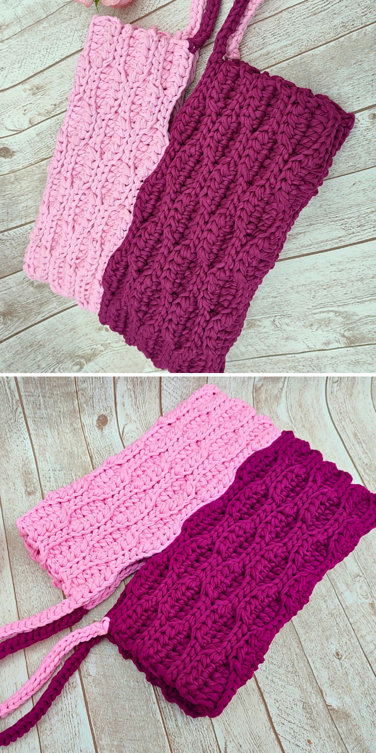 a two-colored textured crochet tote bag - half made in pink and half - in magenta