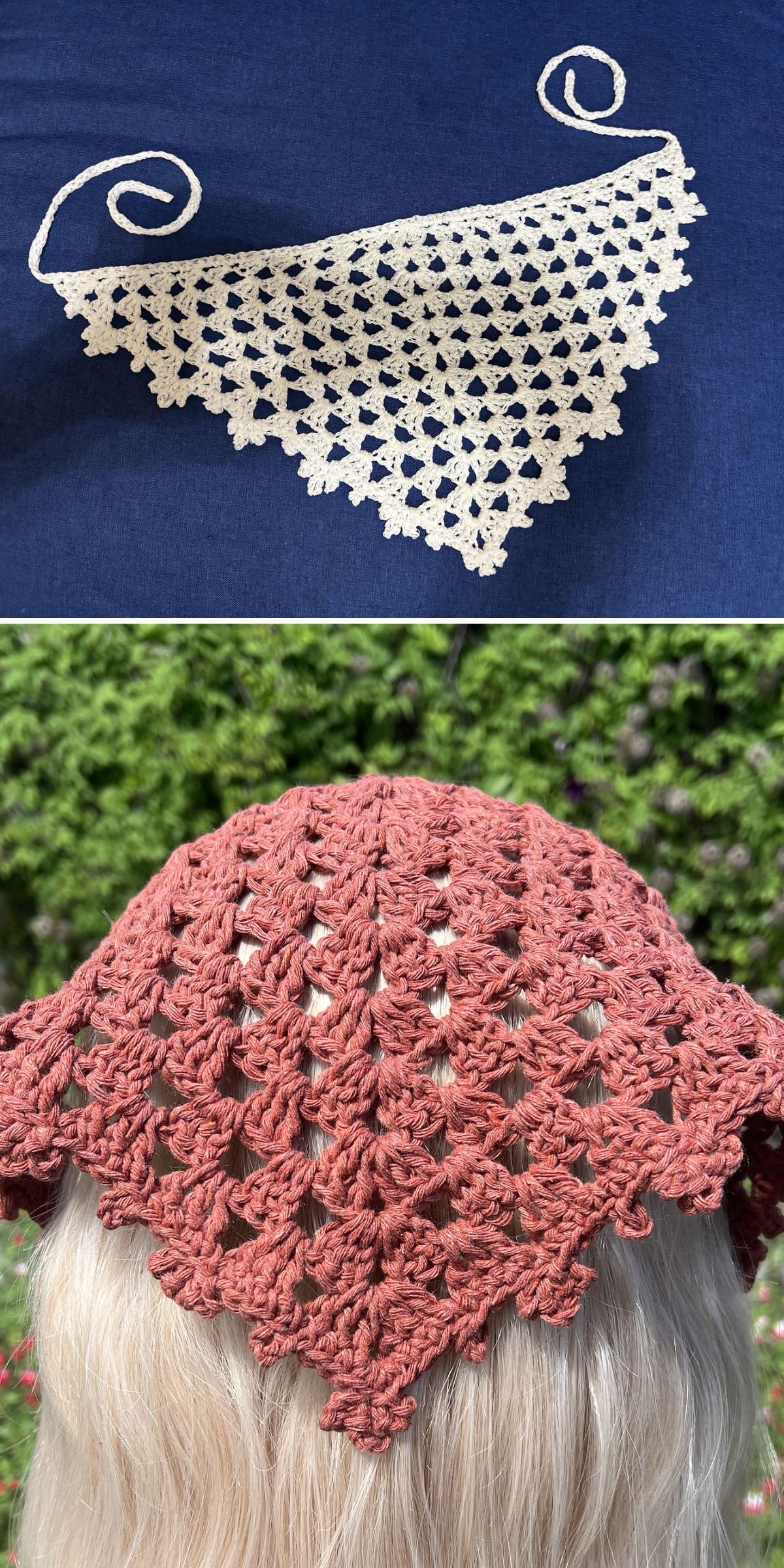 Top: A white crocheted triangular crochet bandana lies flat on a blue surface. Bottom: A person with light hair wears a similar reddish-brown crochet bandana outdoors.