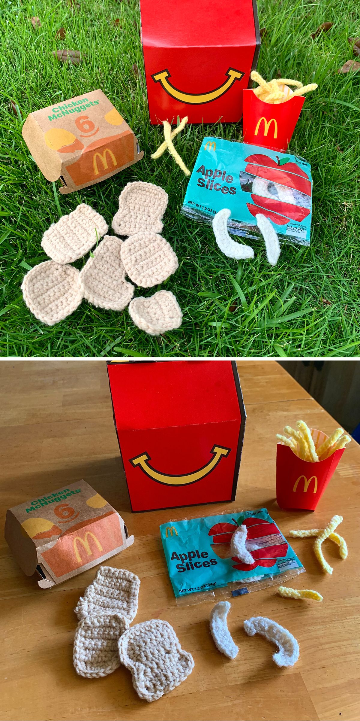 Crochet fast-food play set with nuggets, fries, apple slices, and a Happy Meal-style box, displayed on grass and a wooden table.