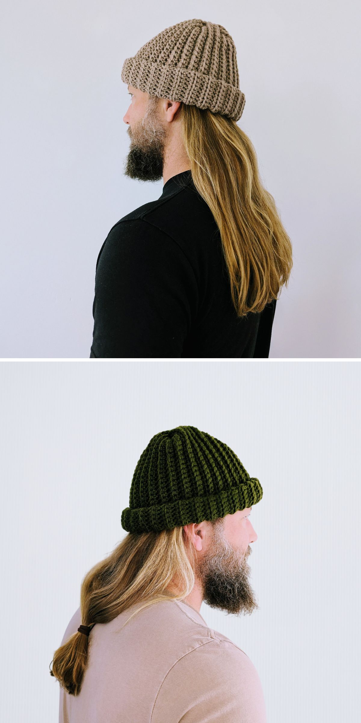 Two side-view photos show a person with long blonde hair and a beard, wearing a ribbed crochet hat for men — tan in the top image, dark green in the bottom image.