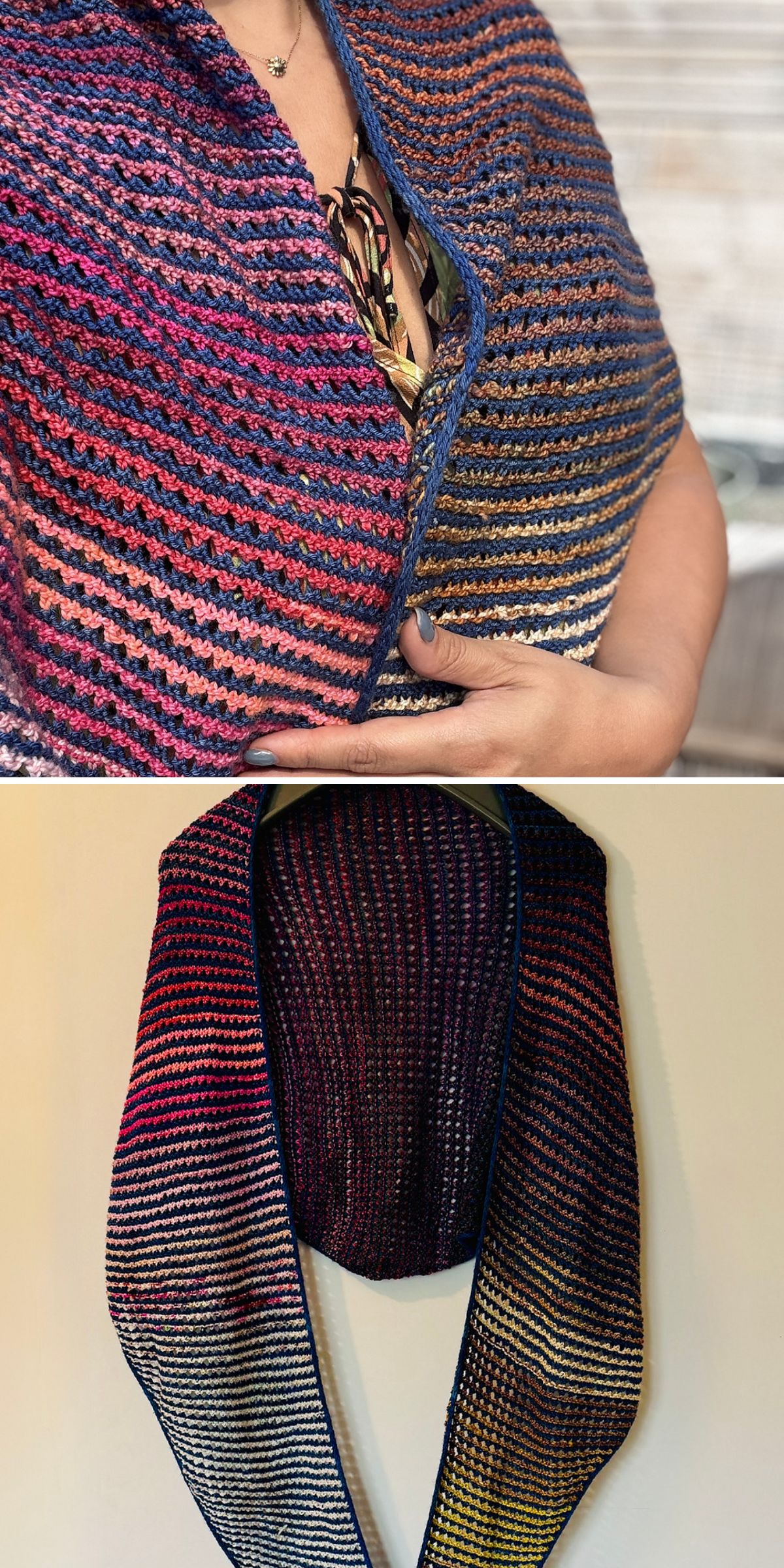 a woman demonstrating a striped gradient knitted shawl in pink to dark brown colors