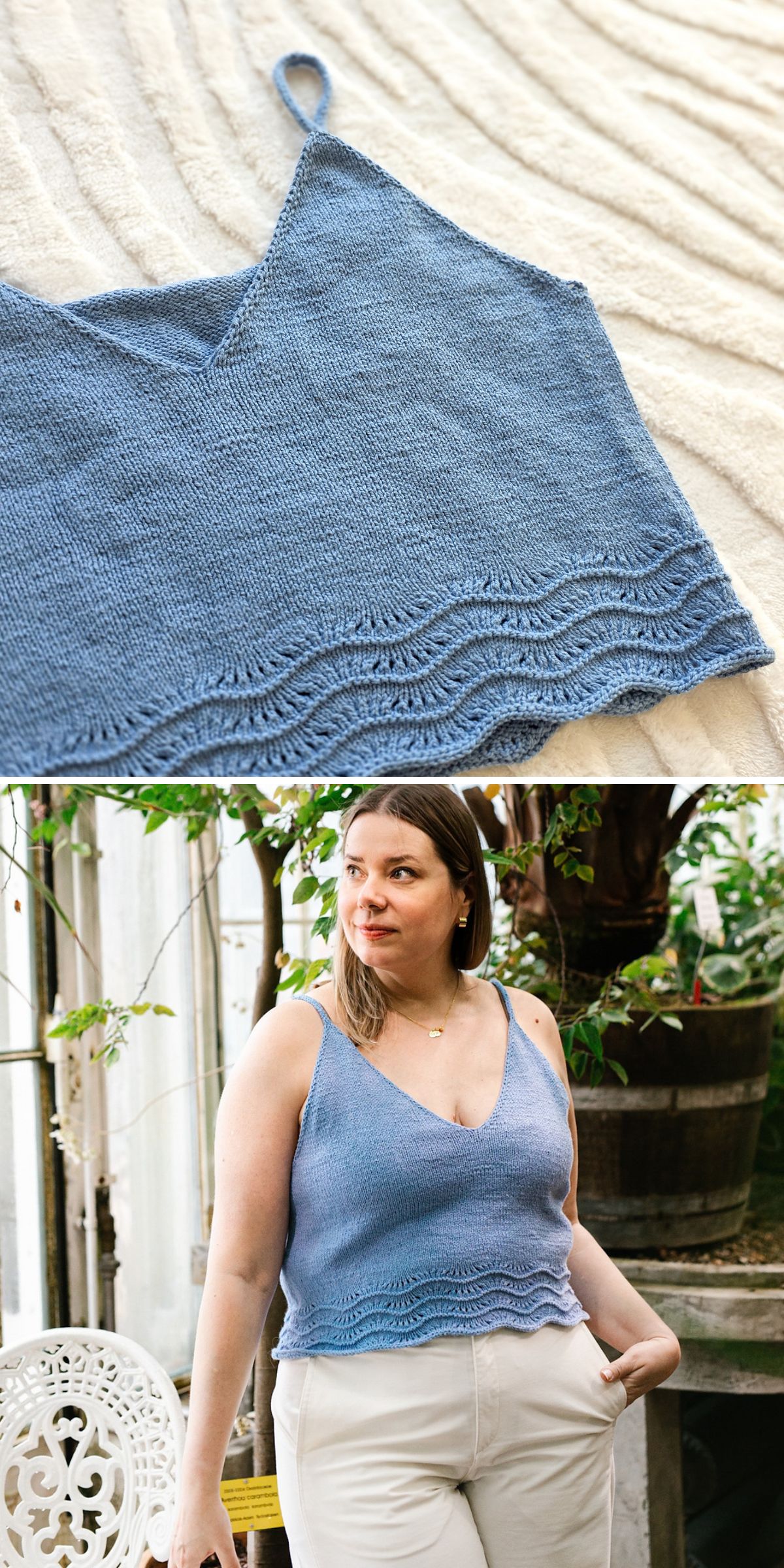 a woman in a blue knitted top and white pants