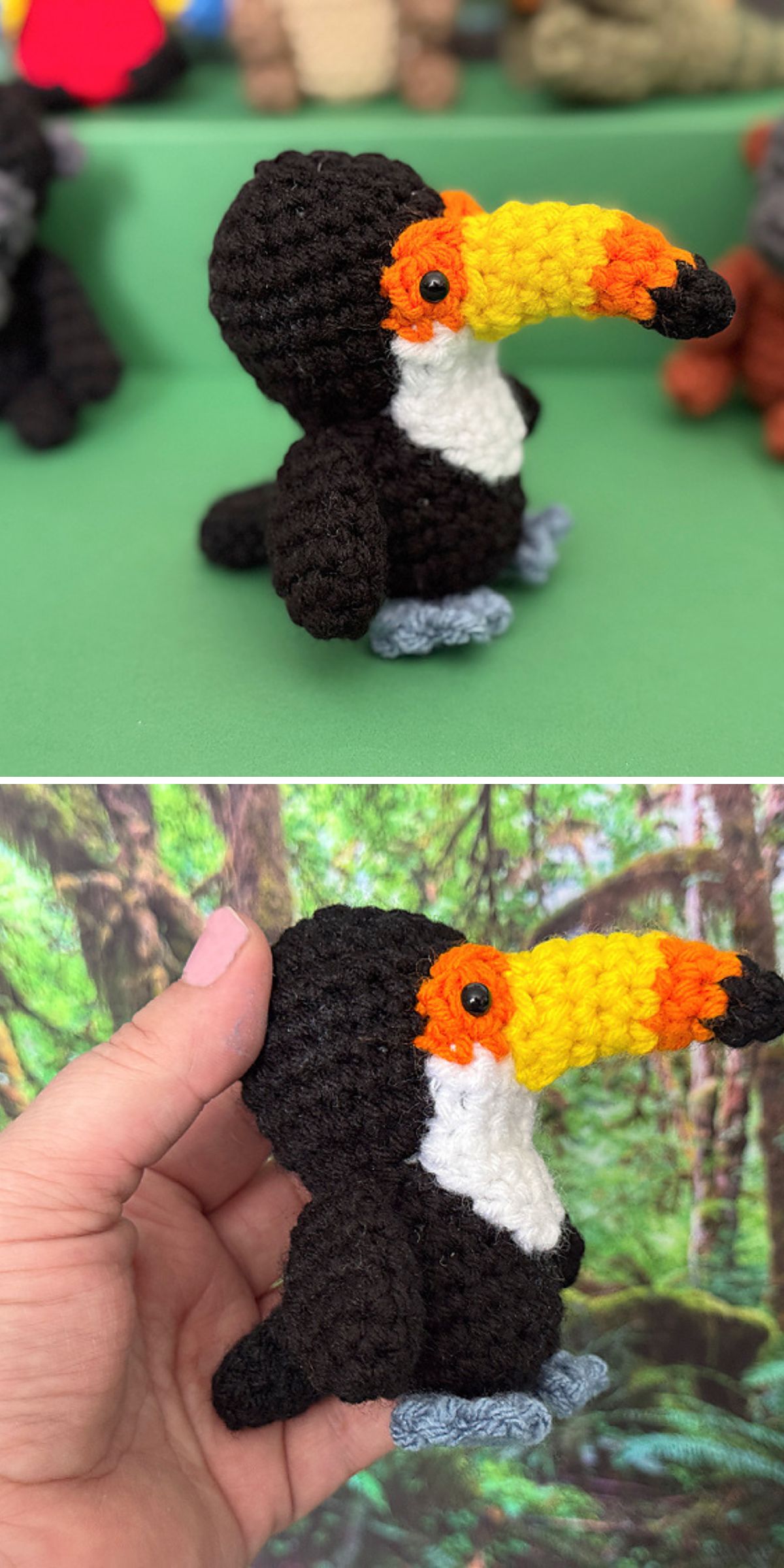 Two images show a charming crochet bird toucan with a black body, white chest, orange and yellow beak, and blue feet. One image shows it on a table; the other, being held in a hand.