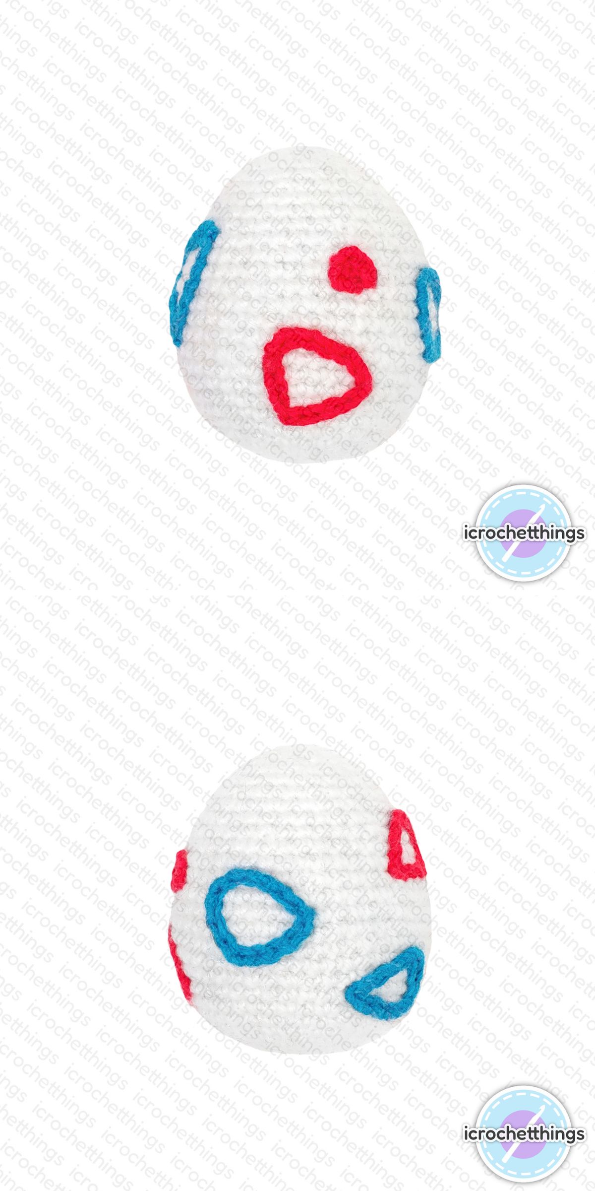 a white crochet egg with blue and red ornaments made with crochet chains - a great piece as an educational crochet baby toy