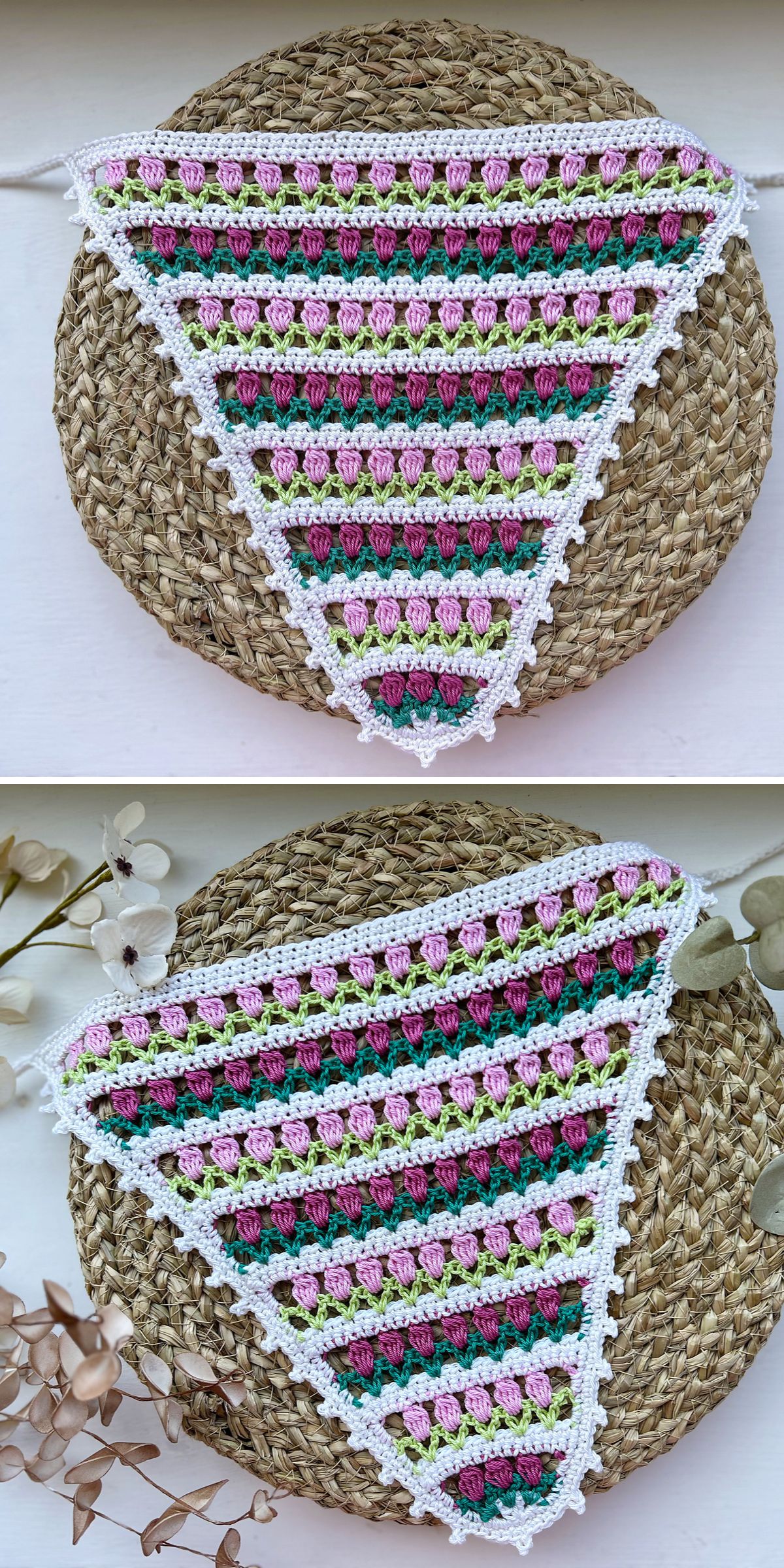 A triangular crochet bandana with pink, green, and white stripes, edged with a white frill, displayed on a woven surface.