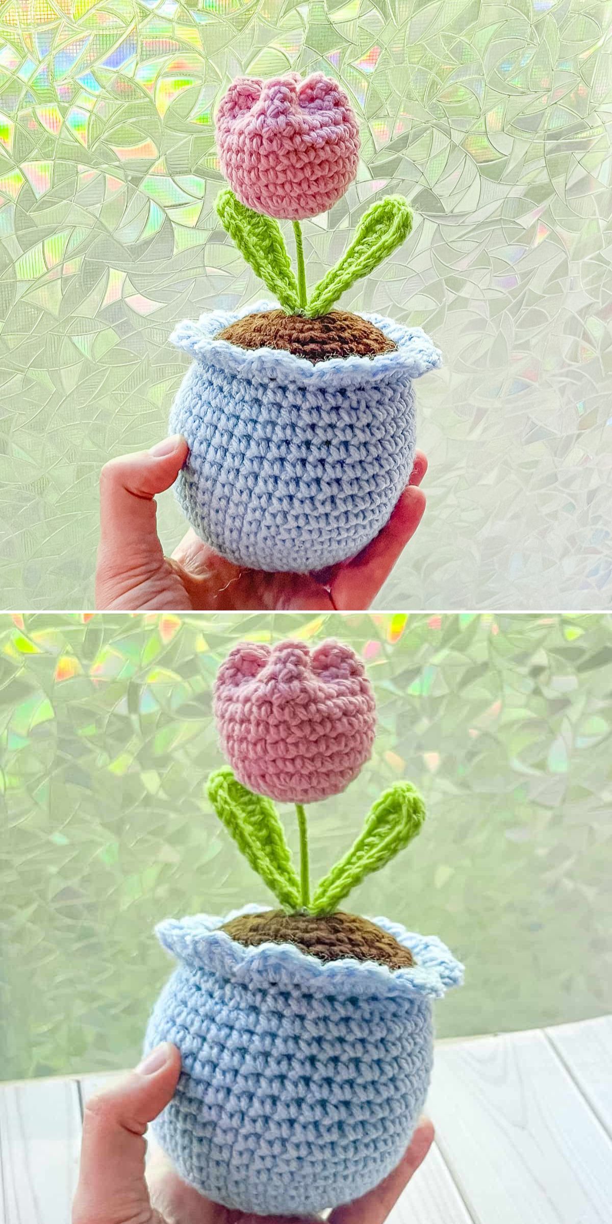 Two photos show a hand holding a crochet plant—a pink tulip with green leaves in a blue pot—set against a textured, light-filled background.