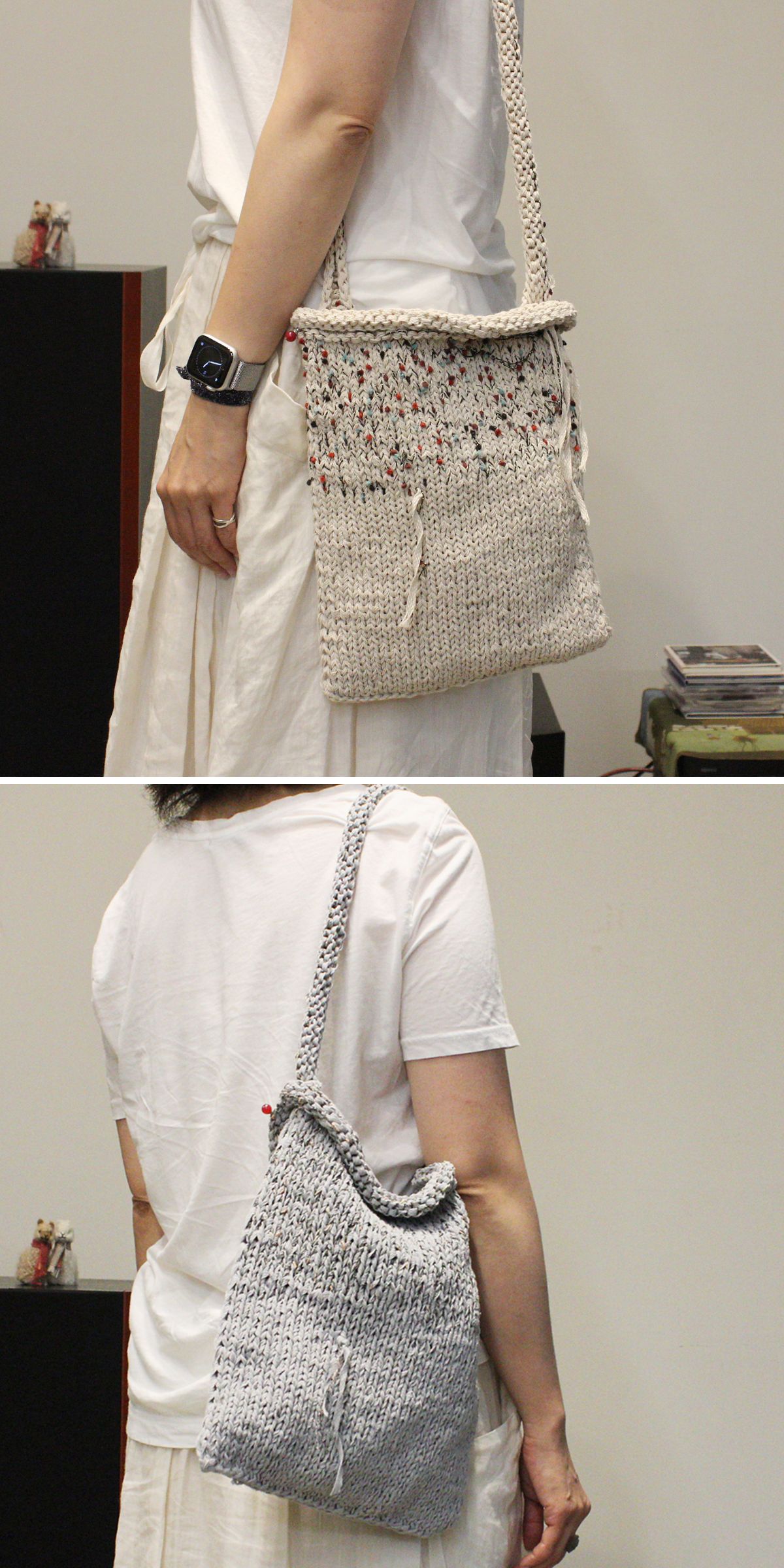a woman with a beige knitted crossbody bag, demonstrating it from two different angles